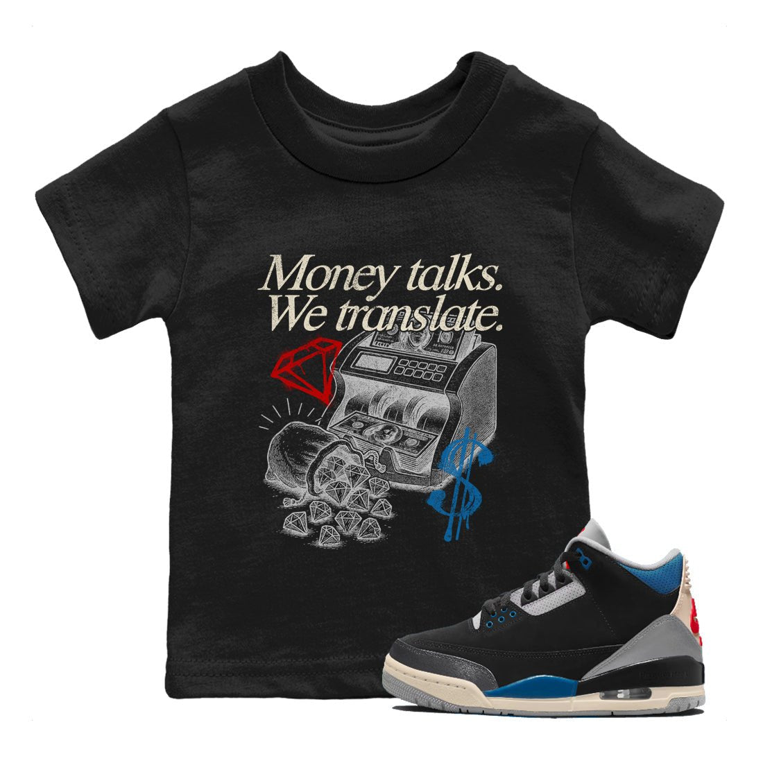 Money Talks We Translate baby and kids t-shirt crafted for little sneakerheads to shine with the Air Jordan 3 Rare Air sneakers, displayed in Black 1.