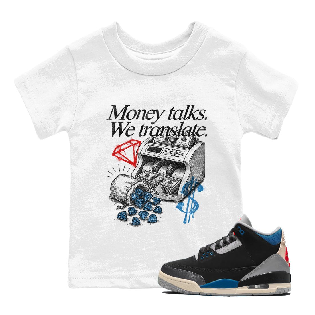Money Talks We Translate baby and kids t-shirt crafted for little sneakerheads to shine with the Air Jordan 3 Rare Air sneakers, displayed in White 1.