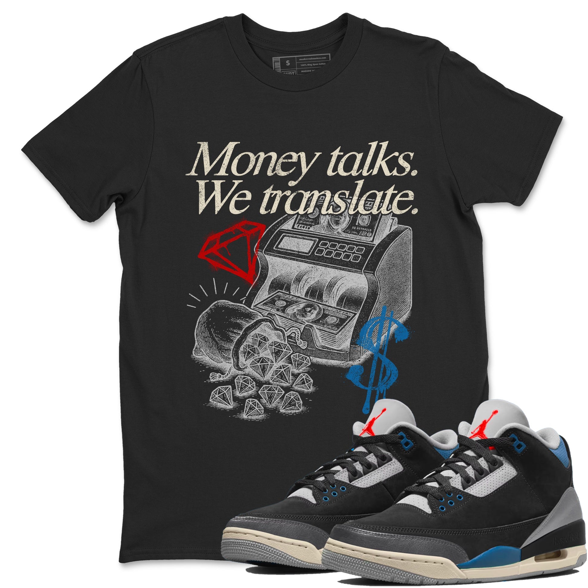 Money Talks We Translate sneaker match t-shirt styled to complete your fit with the Air Jordan 3 Rare Air sneakers, shown in Black 1.