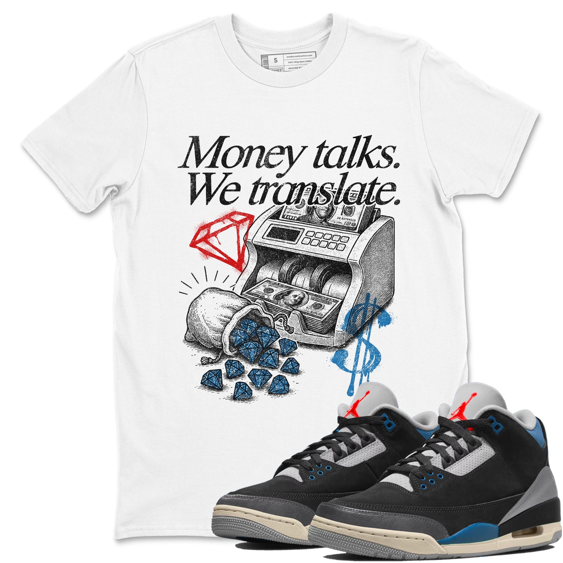 Money Talks We Translate sneaker match t-shirt styled to complete your fit with the Air Jordan 3 Rare Air sneakers, shown in White 1.