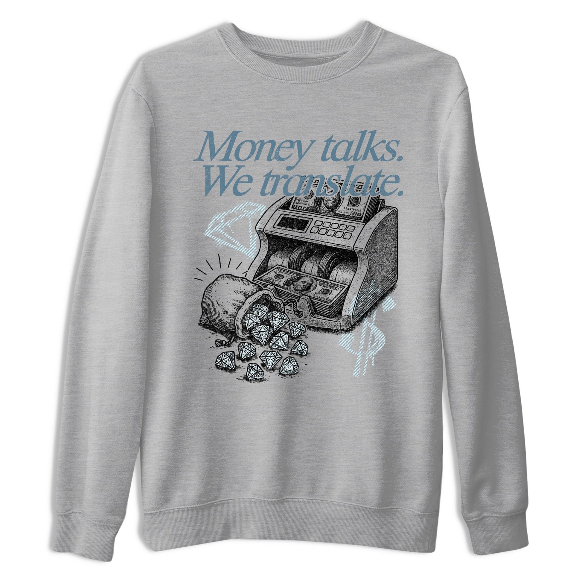 Sneaker match tees – Sneaker Tees To Match 4s Worn Blue Air Jordan 4 Denim Shoes – Money Talks We Translate Tee Heather Grey 2