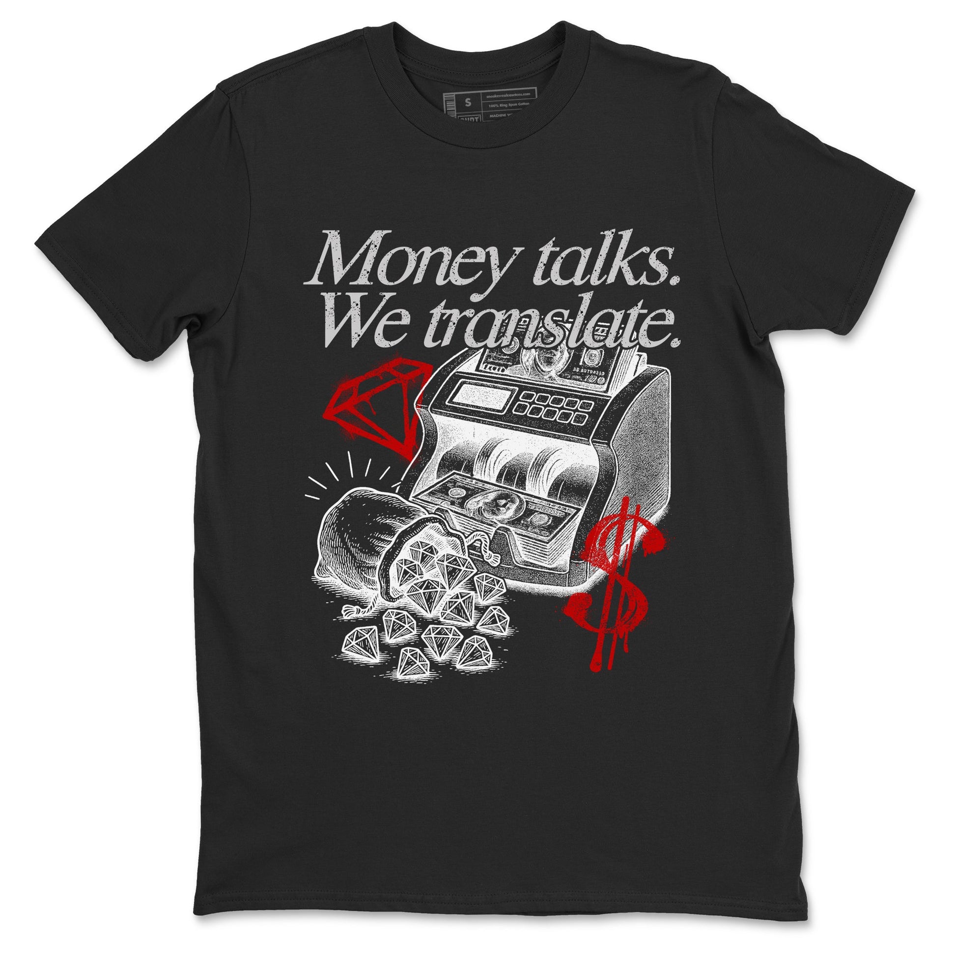 Money Talks We Translate sneaker match t-shirt styled to complete your fit with the Air Jordan 4 White Cement sneakers, shown in Black 2.