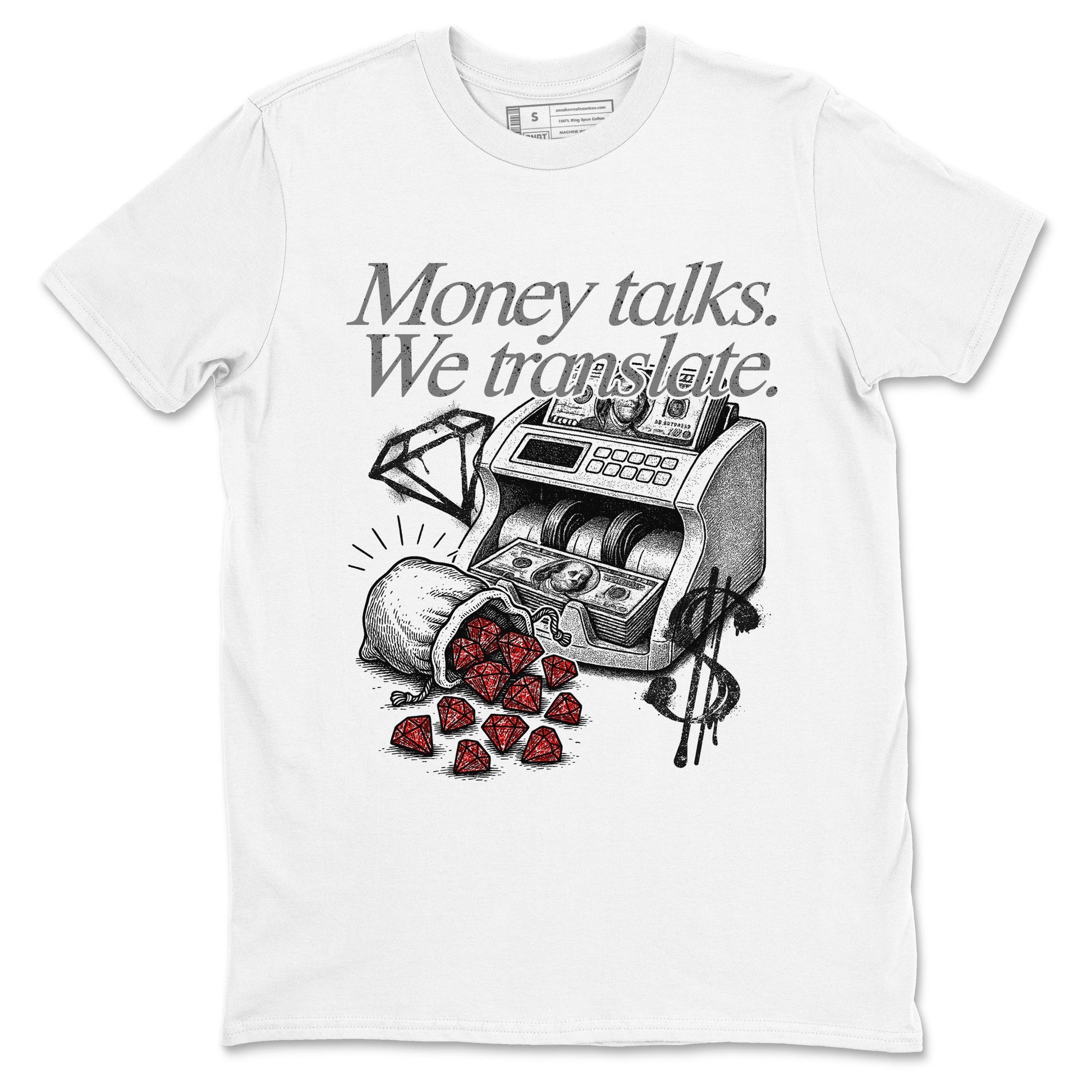 Money Talks We Translate sneaker match t-shirt styled to complete your fit with the Air Jordan 4 White Cement sneakers, shown in White 2.
