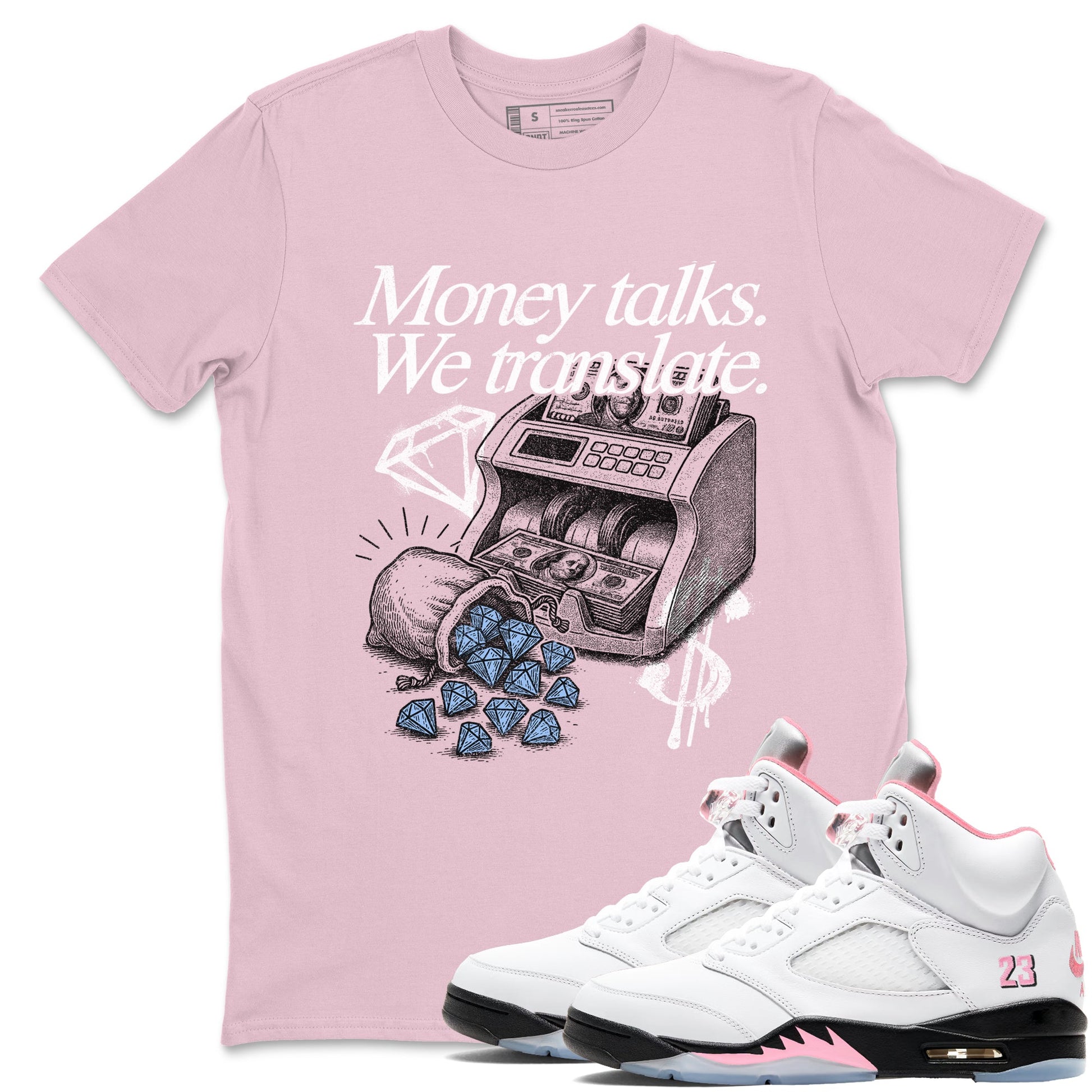 Sneaker match tees – Sneaker Tees To Match Air Jordan 5 35th Anniversary Shoes – Money Talks We Translate Tee Pink 1