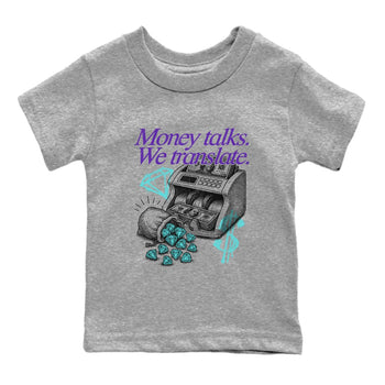 Money Talks We Translate baby and kids t-shirt crafted for little sneakerheads to shine with the Air Jordan 5 Grape sneakers, displayed in Heather Grey 2.