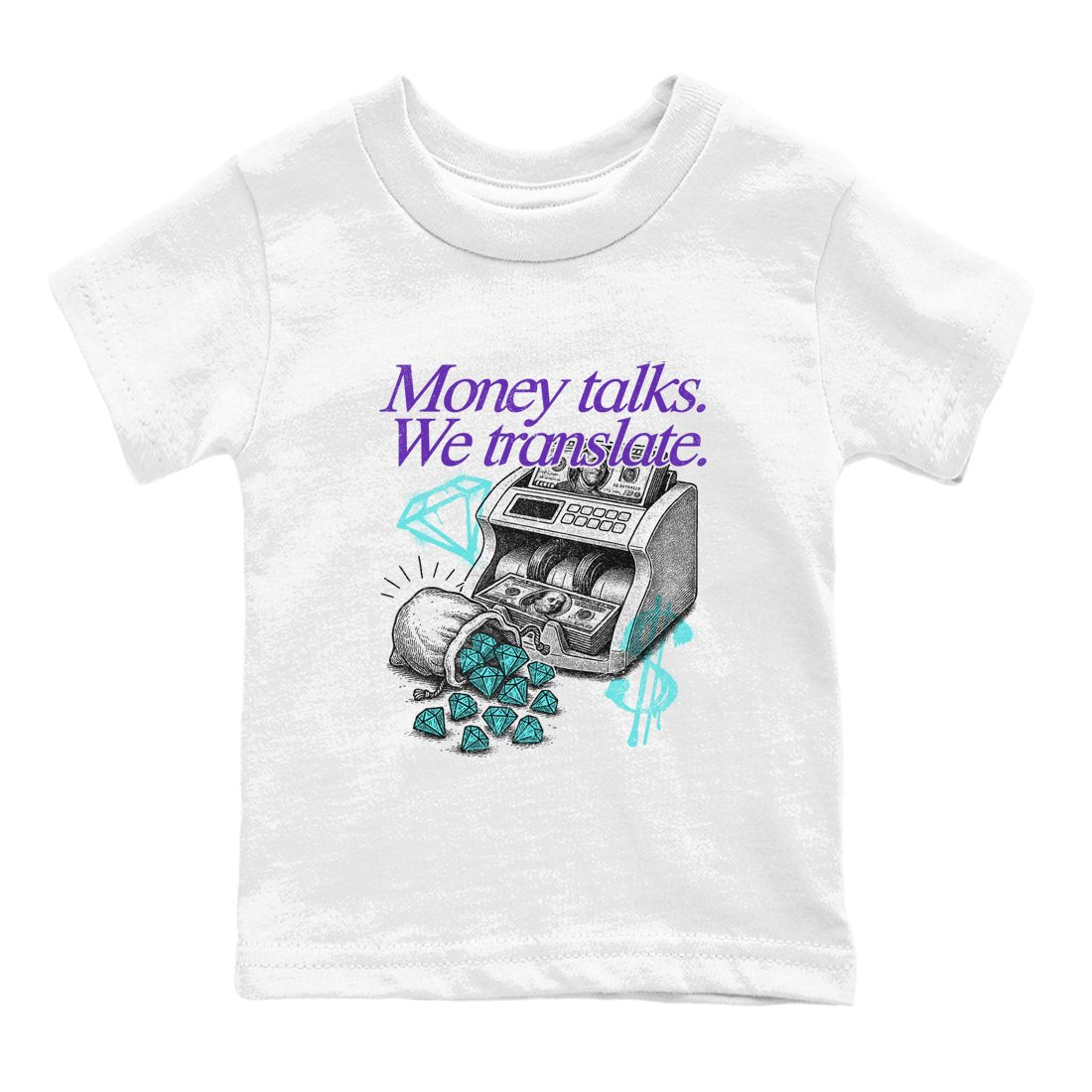 Money Talks We Translate baby and kids t-shirt crafted for little sneakerheads to shine with the Air Jordan 5 Grape sneakers, displayed in White 2.
