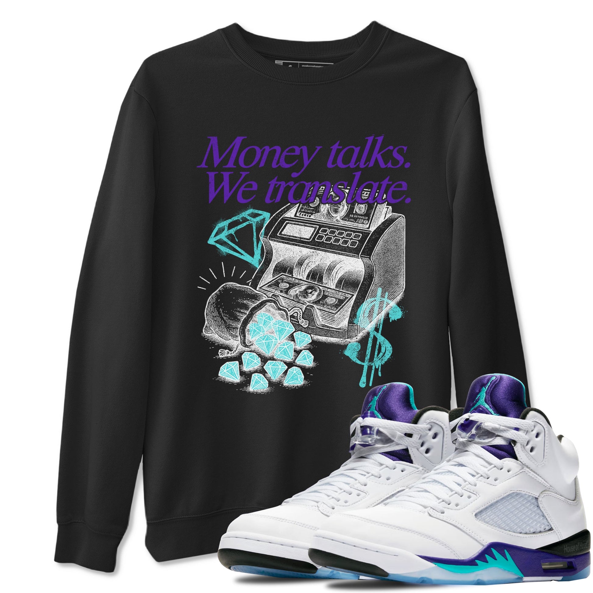 Money Talks We Translate sneaker match t-shirt styled to complete your fit with the Air Jordan 5 Grape sneakers, shown in Black 1.