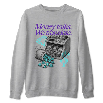 Money Talks We Translate sneaker match t-shirt styled to complete your fit with the Air Jordan 5 Grape sneakers, shown in Heather Grey 2.