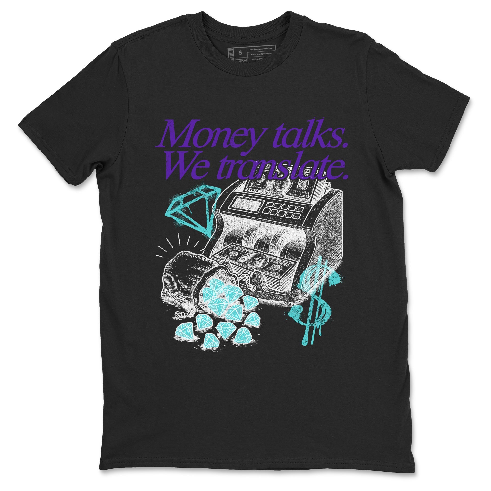 Money Talks We Translate sneaker match t-shirt styled to complete your fit with the Air Jordan 5 Grape sneakers, shown in Black 2.