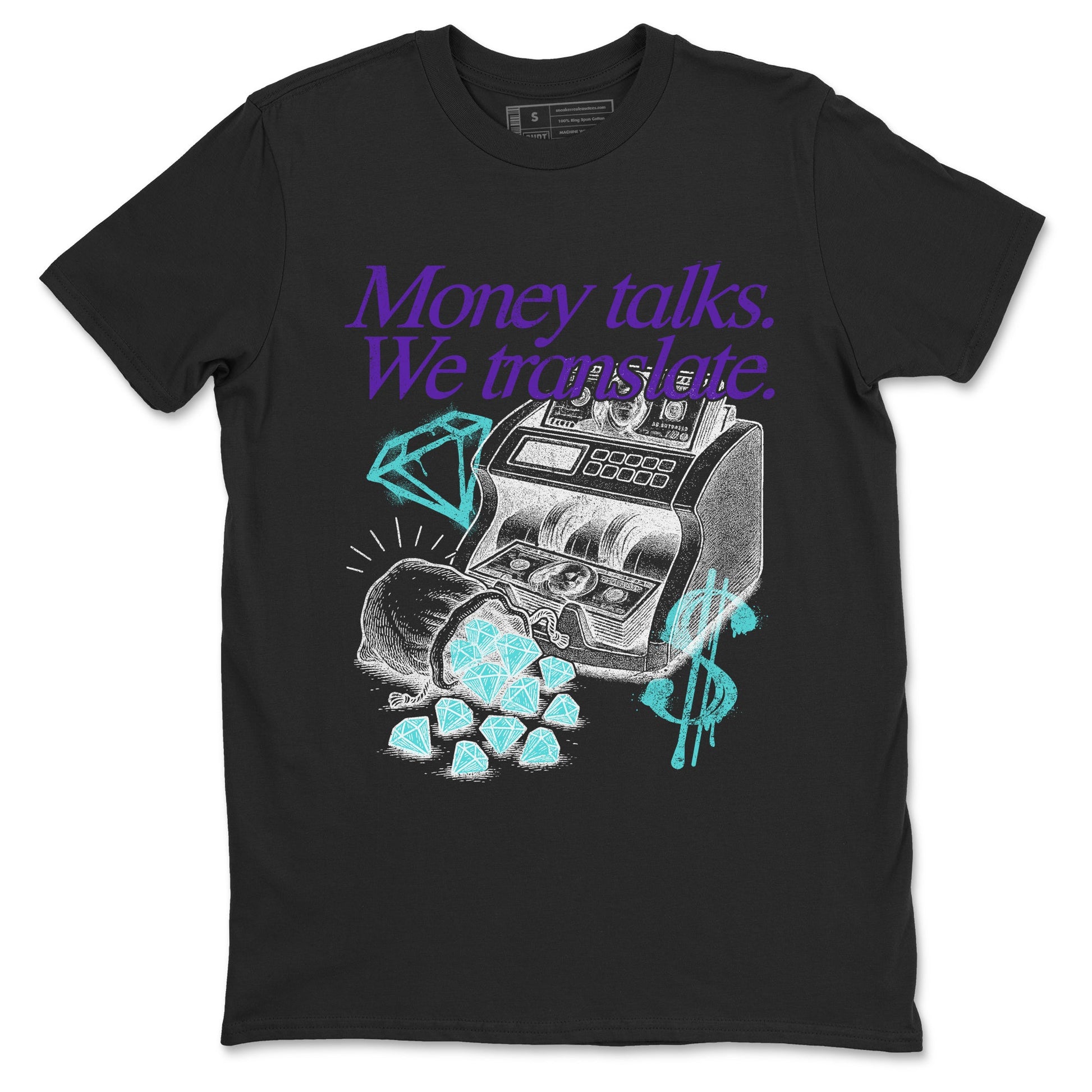 Money Talks We Translate sneaker match t-shirt styled to complete your fit with the Air Jordan 5 Grape sneakers, shown in Black 2.