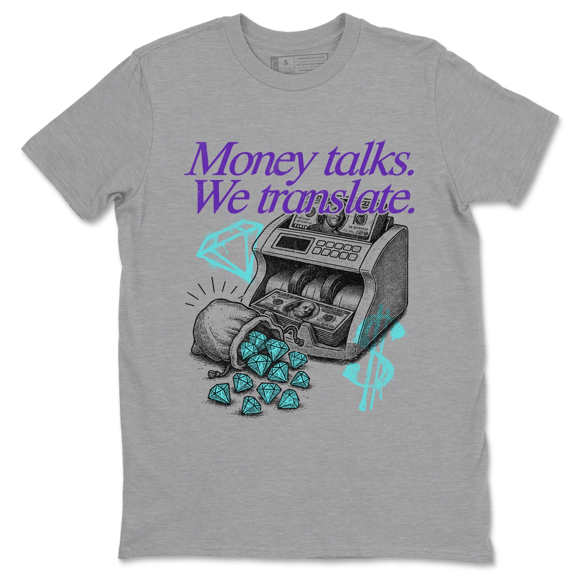 Money Talks We Translate sneaker match t-shirt styled to complete your fit with the Air Jordan 5 Grape sneakers, shown in Heather Grey 2.