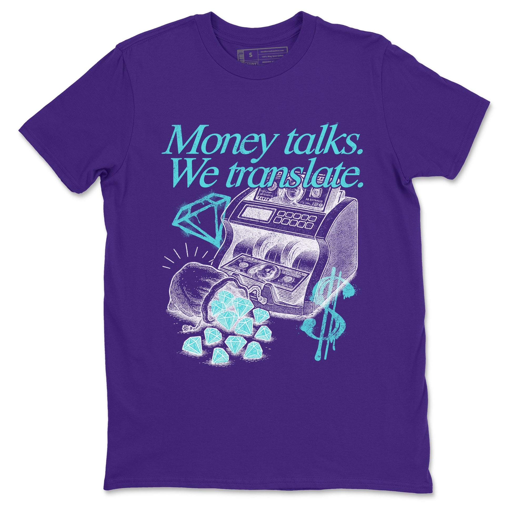 Money Talks We Translate sneaker match t-shirt styled to complete your fit with the Air Jordan 5 Grape sneakers, shown in Purple 2.