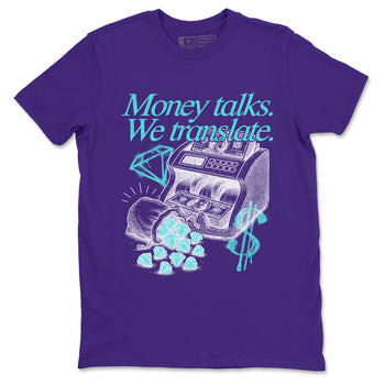 Money Talks We Translate sneaker match t-shirt styled to complete your fit with the Air Jordan 5 Grape sneakers, shown in Purple 2.