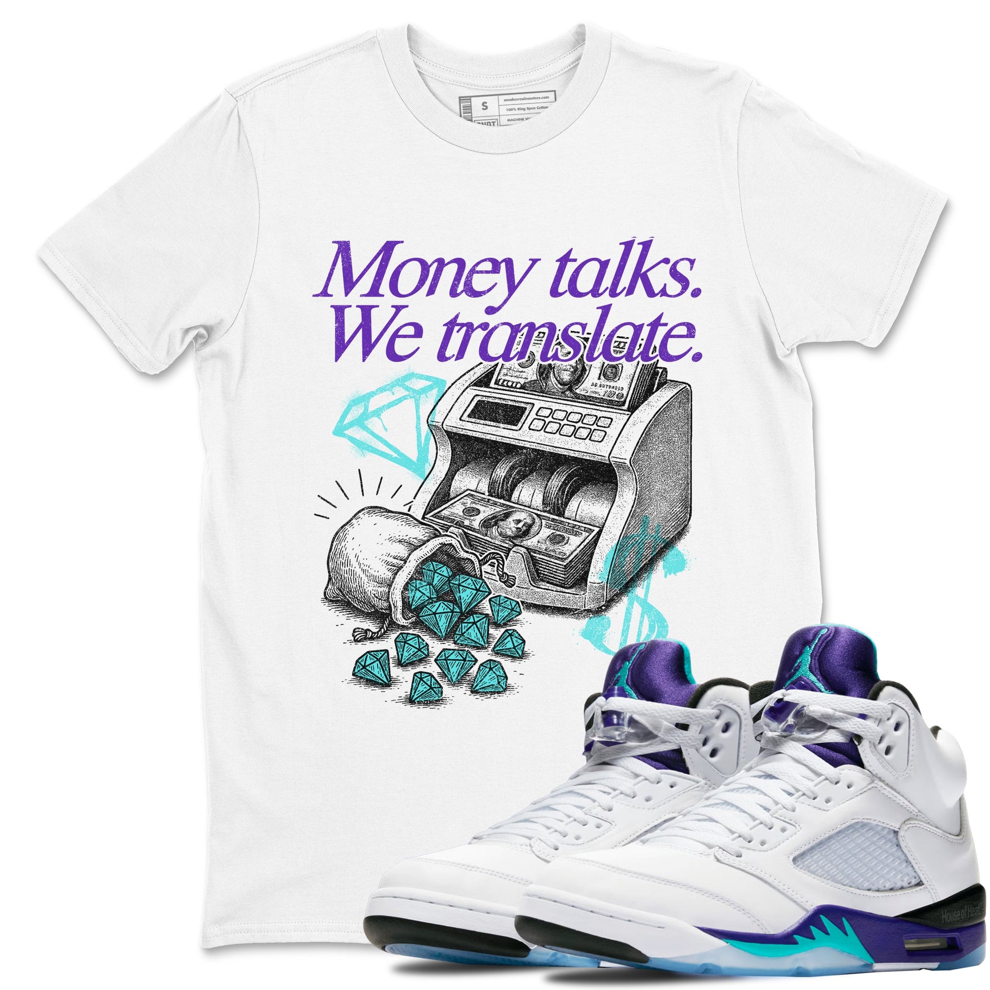 Money Talks We Translate sneaker match t-shirt styled to complete your fit with the Air Jordan 5 Grape sneakers, shown in White 1.