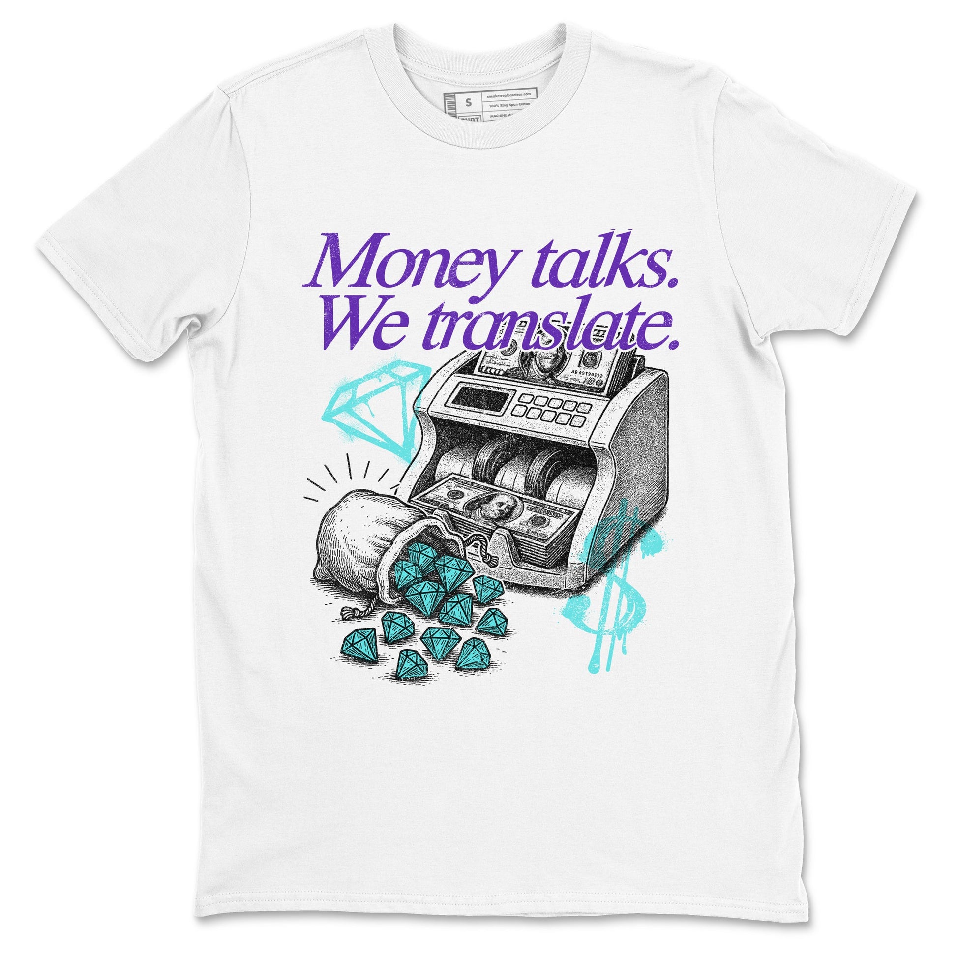 Money Talks We Translate sneaker match t-shirt styled to complete your fit with the Air Jordan 5 Grape sneakers, shown in White 2.