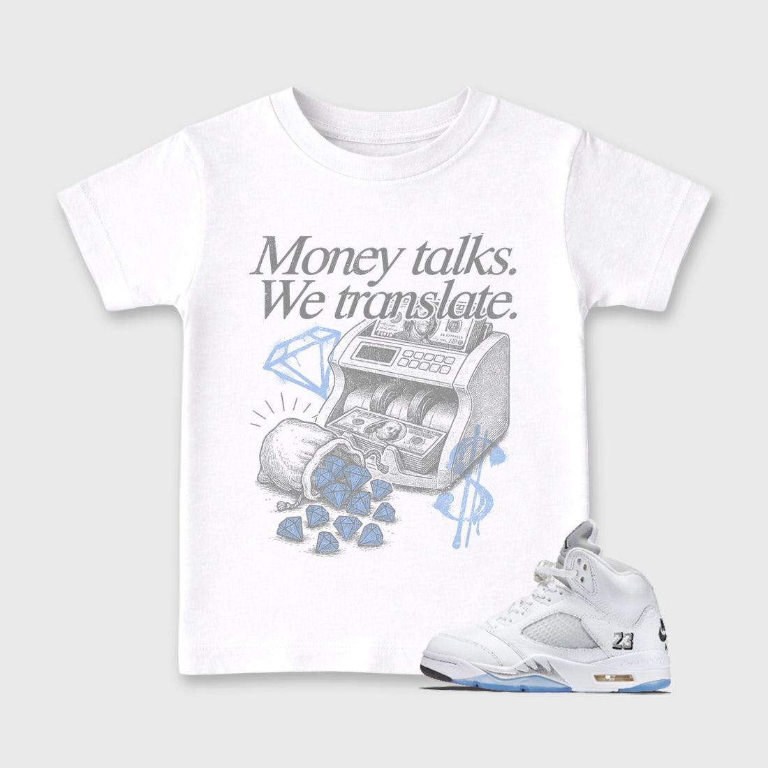 Sneaker match tees – Sneaker Tees To Match Air Jordan 5 White Metallic Shoes – Money Talks We Translate Kids T-Shirt White 1