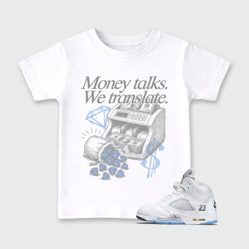 Sneaker match tees – Sneaker Tees To Match Air Jordan 5 White Metallic Shoes – Money Talks We Translate Kids T-Shirt White 1