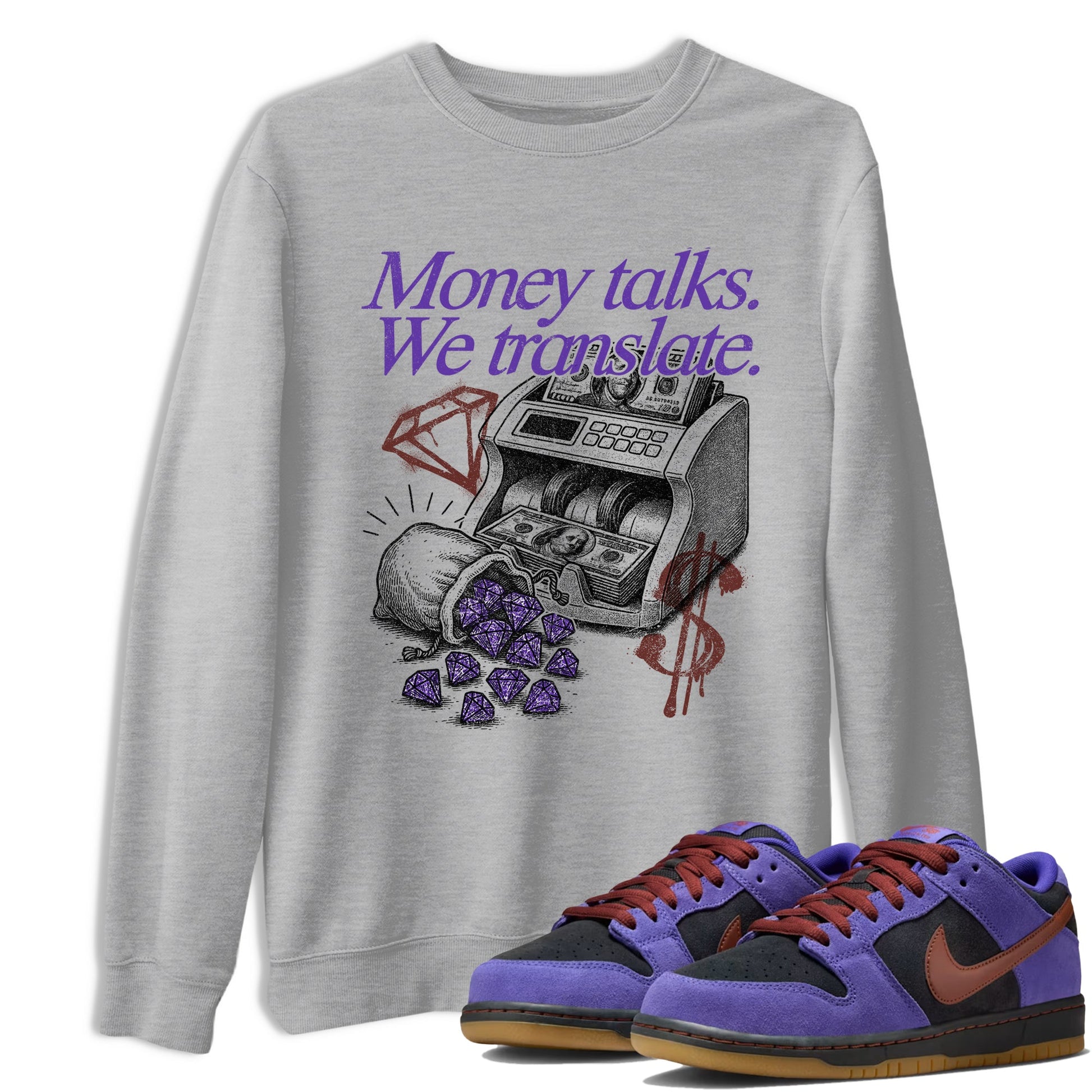 Sneaker match tees – Sneaker Threads To Match Dunk Low Persian Violet Shoes – Money Talks We Translate Tee Heather Grey 1