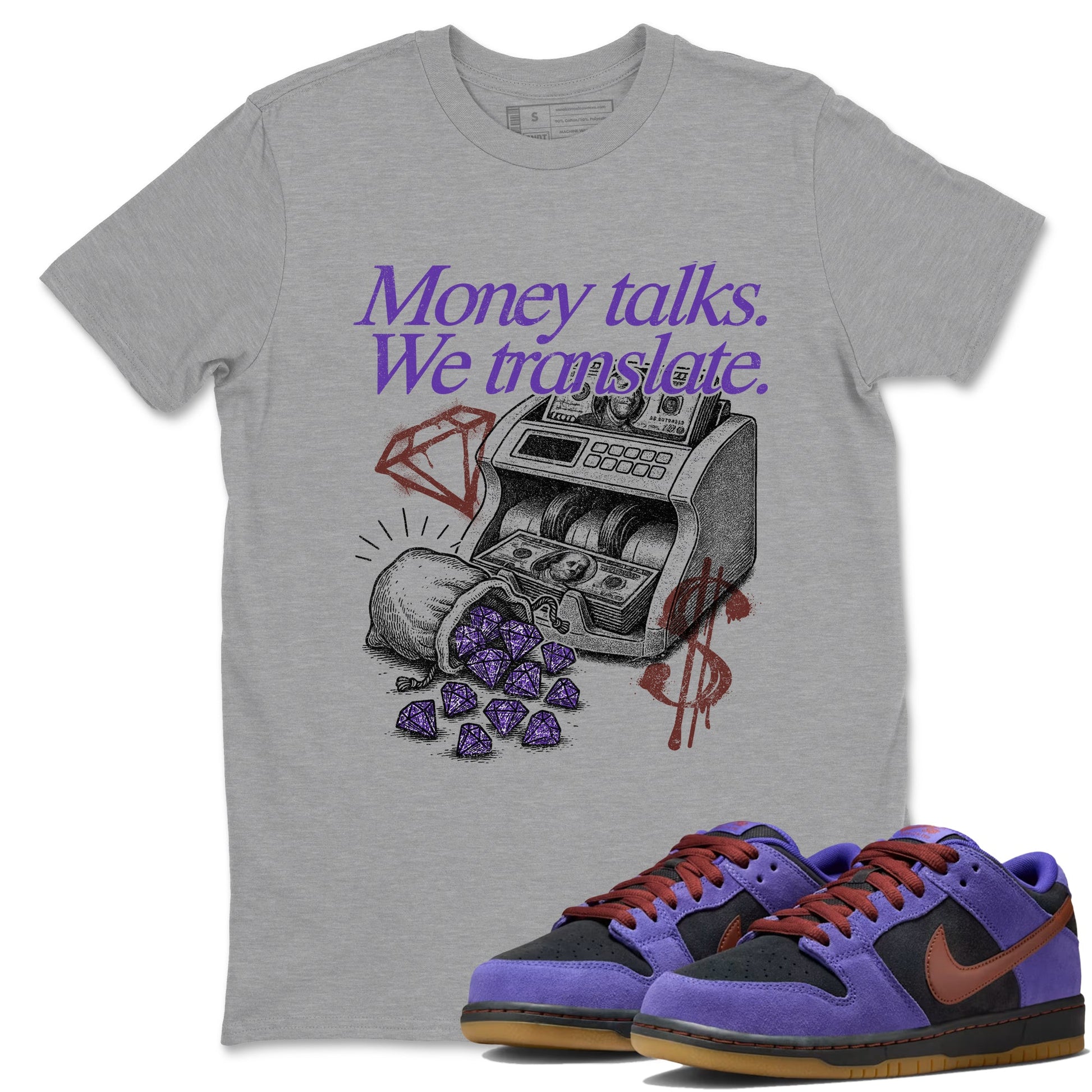 Sneaker match tees – Sneaker Threads To Match Dunk Low Persian Violet Shoes – Money Talks We Translate Tee Heather Grey 1