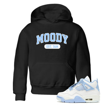 Moody baby and kids t-shirt crafted for little sneakerheads to shine with the Air Jordan 4 Aluminum sneakers, displayed in Black 1.