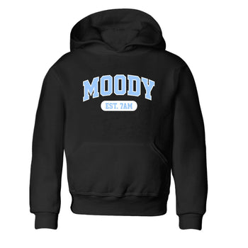 Moody baby and kids t-shirt crafted for little sneakerheads to shine with the Air Jordan 4 Aluminum sneakers, displayed in Black 2.