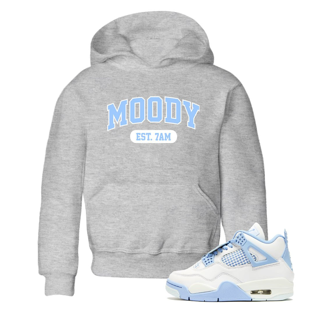 Moody baby and kids t-shirt crafted for little sneakerheads to shine with the Air Jordan 4 Aluminum sneakers, displayed in Heather Grey 1.