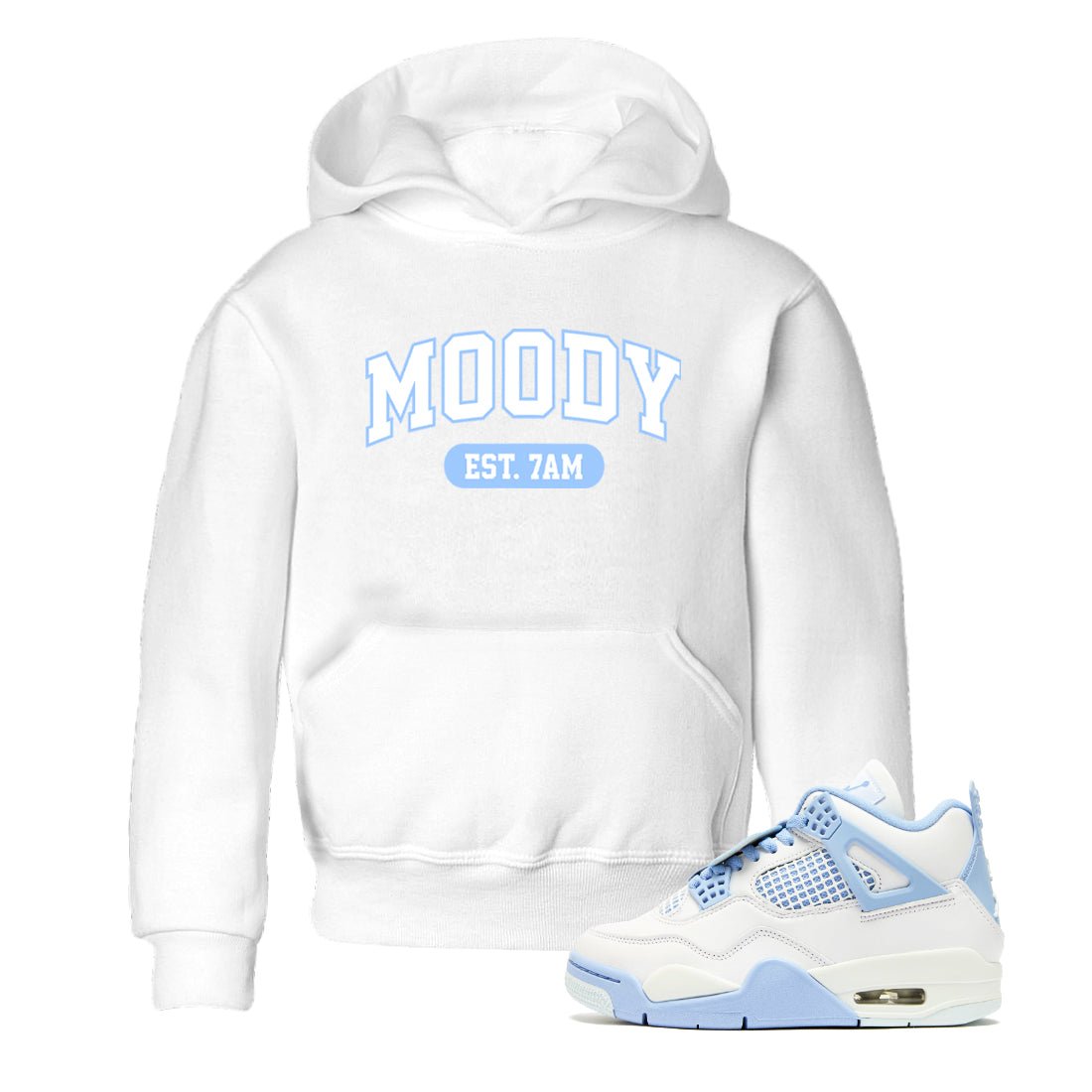 Moody baby and kids t-shirt crafted for little sneakerheads to shine with the Air Jordan 4 Aluminum sneakers, displayed in White 1.