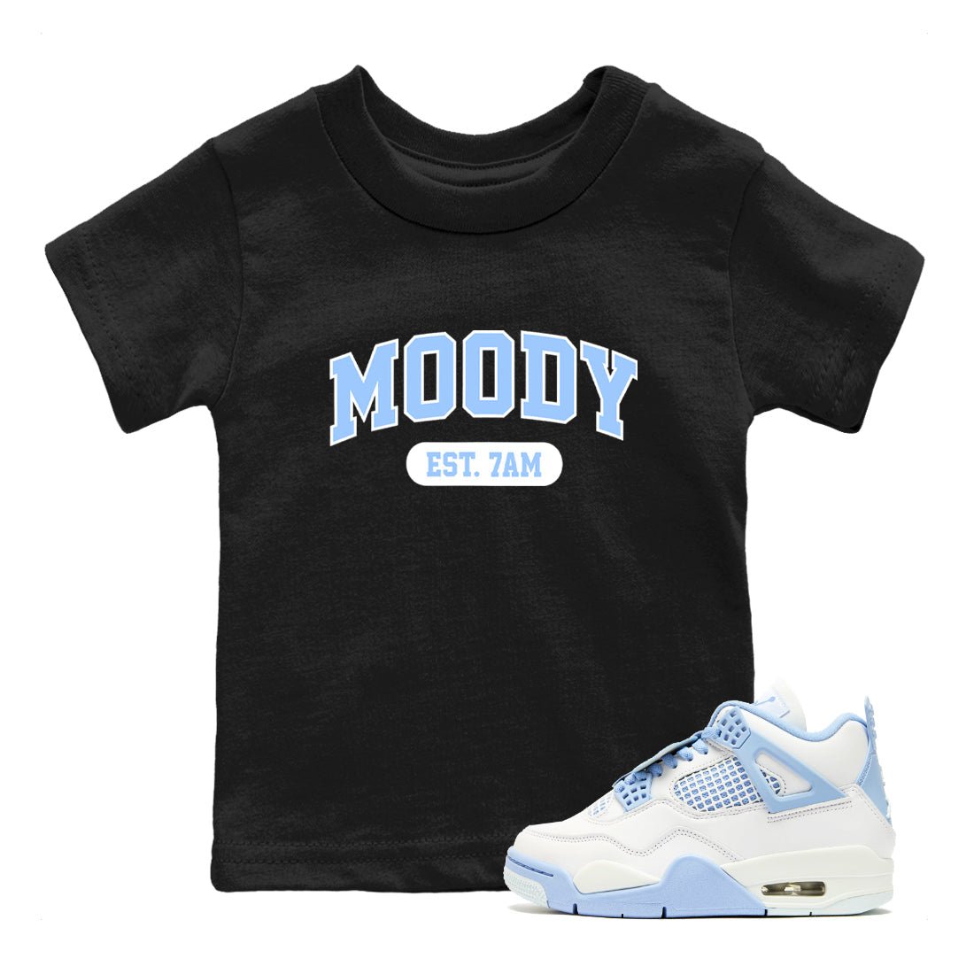 Moody baby and kids t-shirt crafted for little sneakerheads to shine with the Air Jordan 4 Aluminum sneakers, displayed in Black 1.