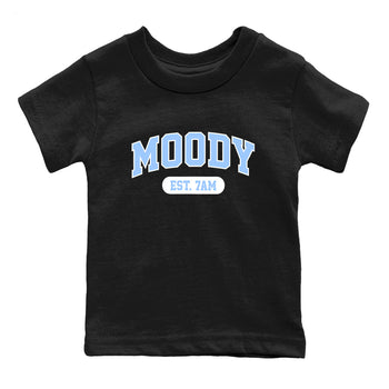 Moody baby and kids t-shirt crafted for little sneakerheads to shine with the Air Jordan 4 Aluminum sneakers, displayed in Black 2.