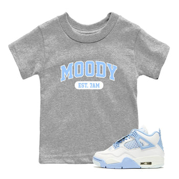 Moody baby and kids t-shirt crafted for little sneakerheads to shine with the Air Jordan 4 Aluminum sneakers, displayed in Heather Grey 1.