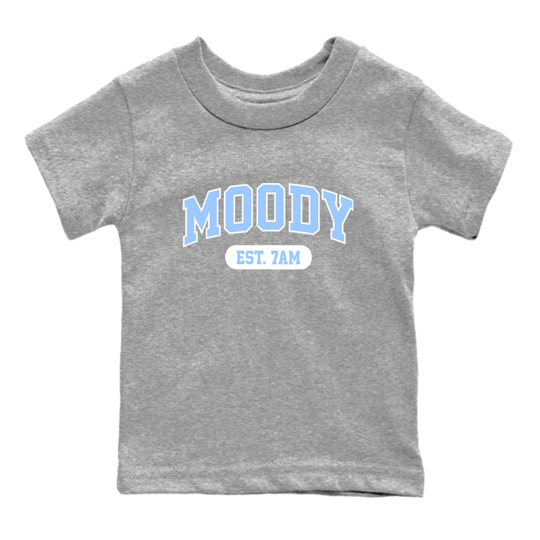 Moody baby and kids t-shirt crafted for little sneakerheads to shine with the Air Jordan 4 Aluminum sneakers, displayed in Heather Grey 2.