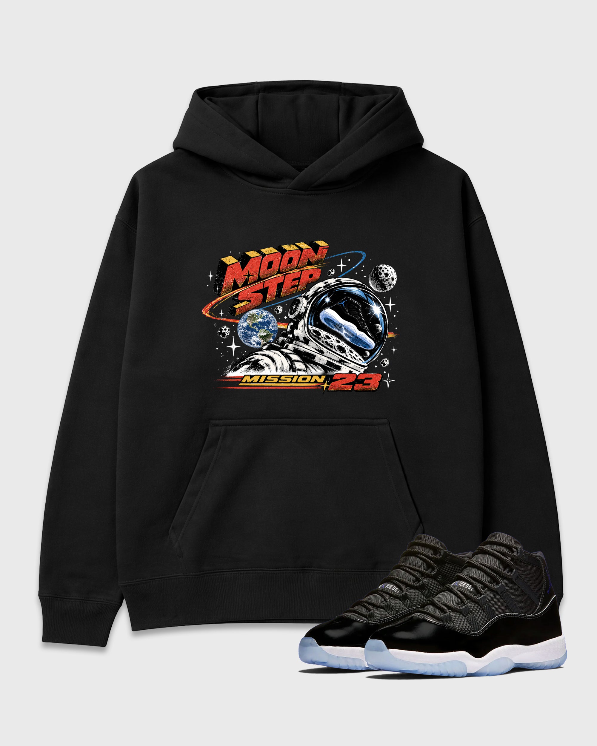 Moon Step Graphic T-Shirt featuring original streetwear artwork designed to match the Air Jordan 11 Retro Space Jam. Black 1 Graphic Tee.