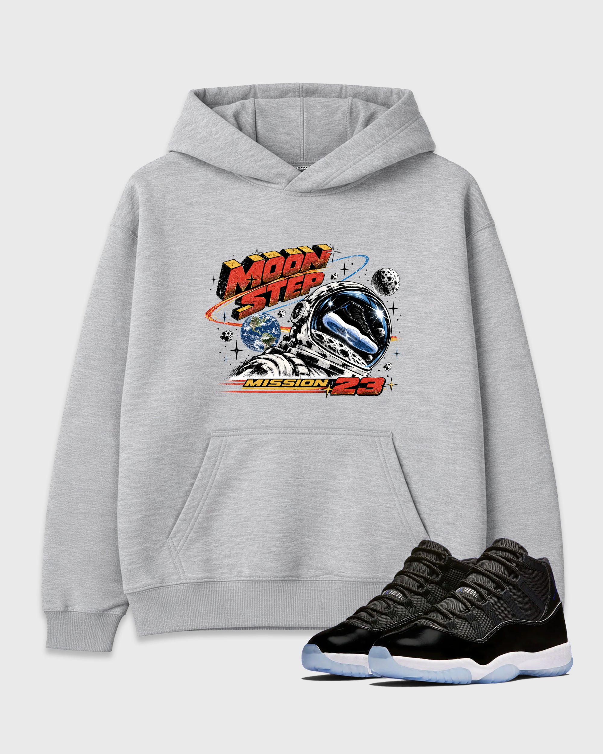 Moon Step Graphic T-Shirt featuring original streetwear artwork designed to match the Air Jordan 11 Retro Space Jam. Heather Grey 1 Graphic Tee.