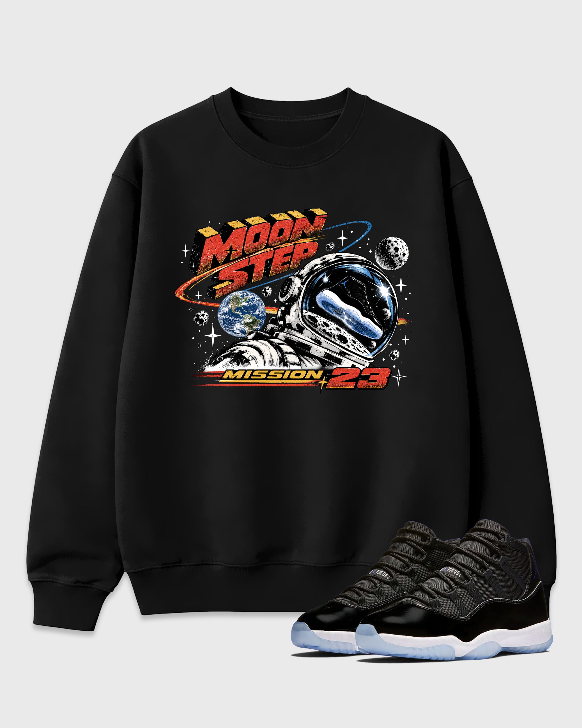 Moon Step Graphic T-Shirt featuring original streetwear artwork designed to match the Air Jordan 11 Retro Space Jam. Black 1 Graphic Tee.