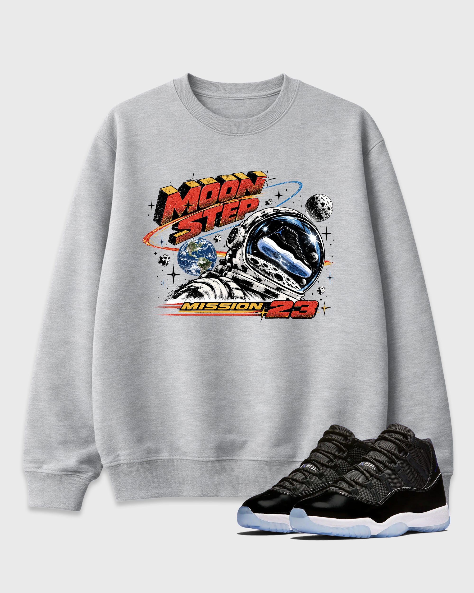 Moon Step Graphic T-Shirt featuring original streetwear artwork designed to match the Air Jordan 11 Retro Space Jam. Heather Grey 1 Graphic Tee.