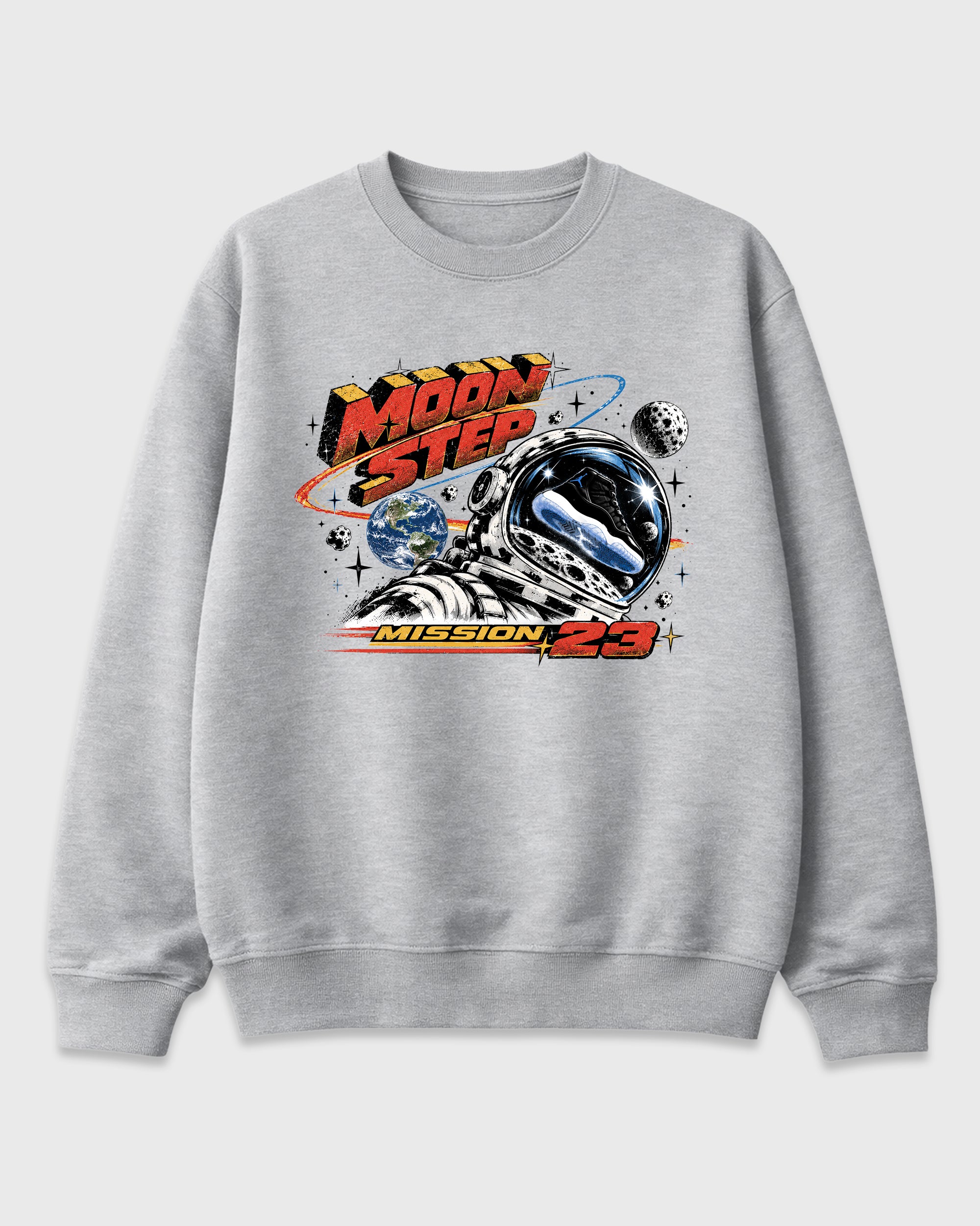 Moon Step Graphic T-Shirt featuring original streetwear artwork designed to match the Air Jordan 11 Retro Space Jam. Heather Grey 2 Graphic Tee.