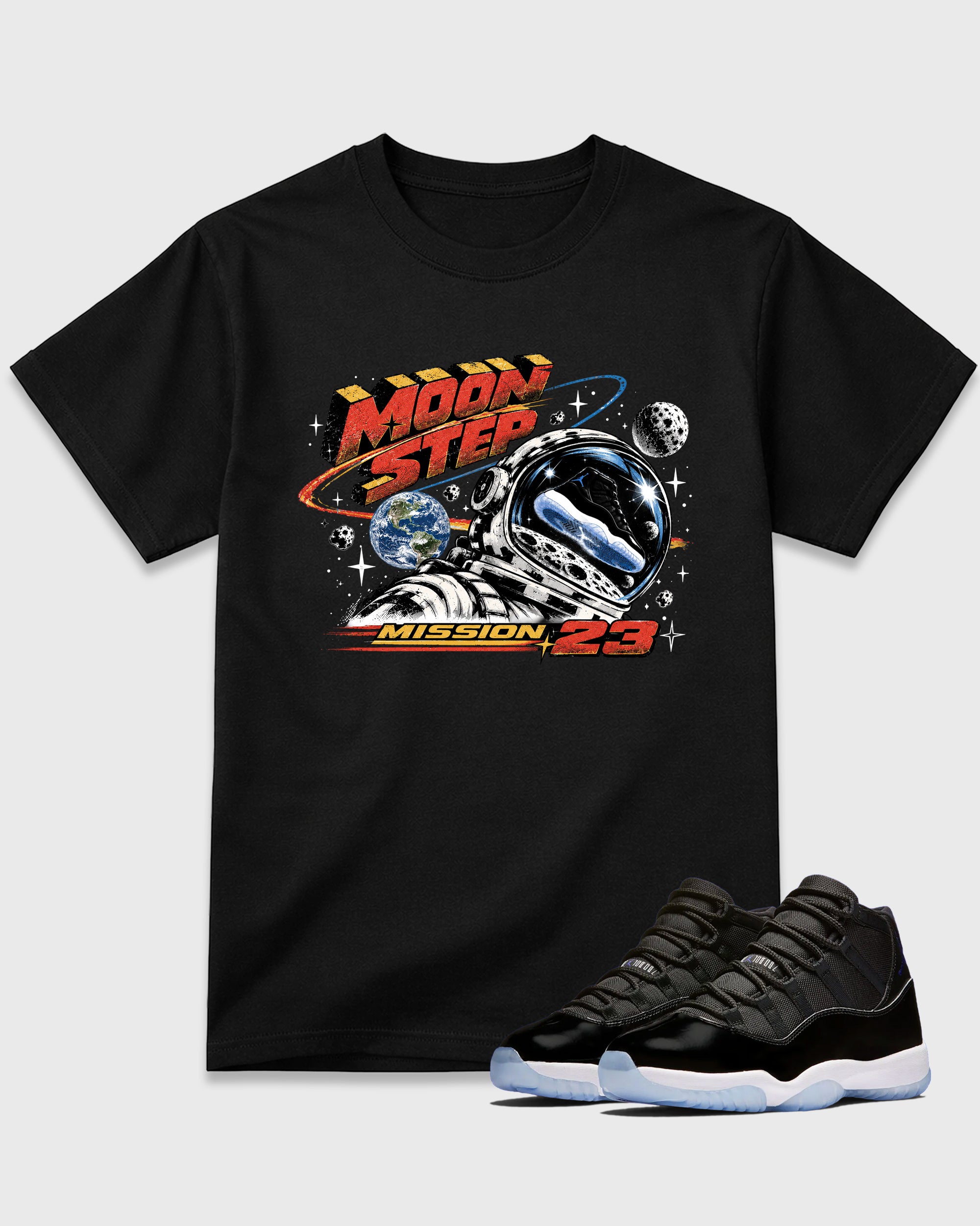 Moon Step Graphic T-Shirt featuring original streetwear artwork designed to match the Air Jordan 11 Retro Space Jam. Black 1 Graphic T-Shirt.