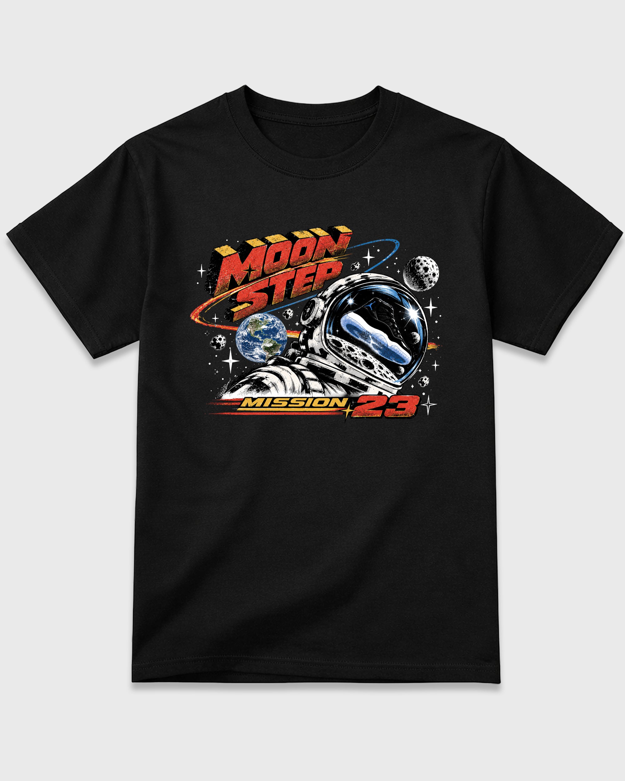 Moon Step Graphic T-Shirt featuring original streetwear artwork designed to match the Air Jordan 11 Retro Space Jam. Black 2 Graphic T-Shirt.