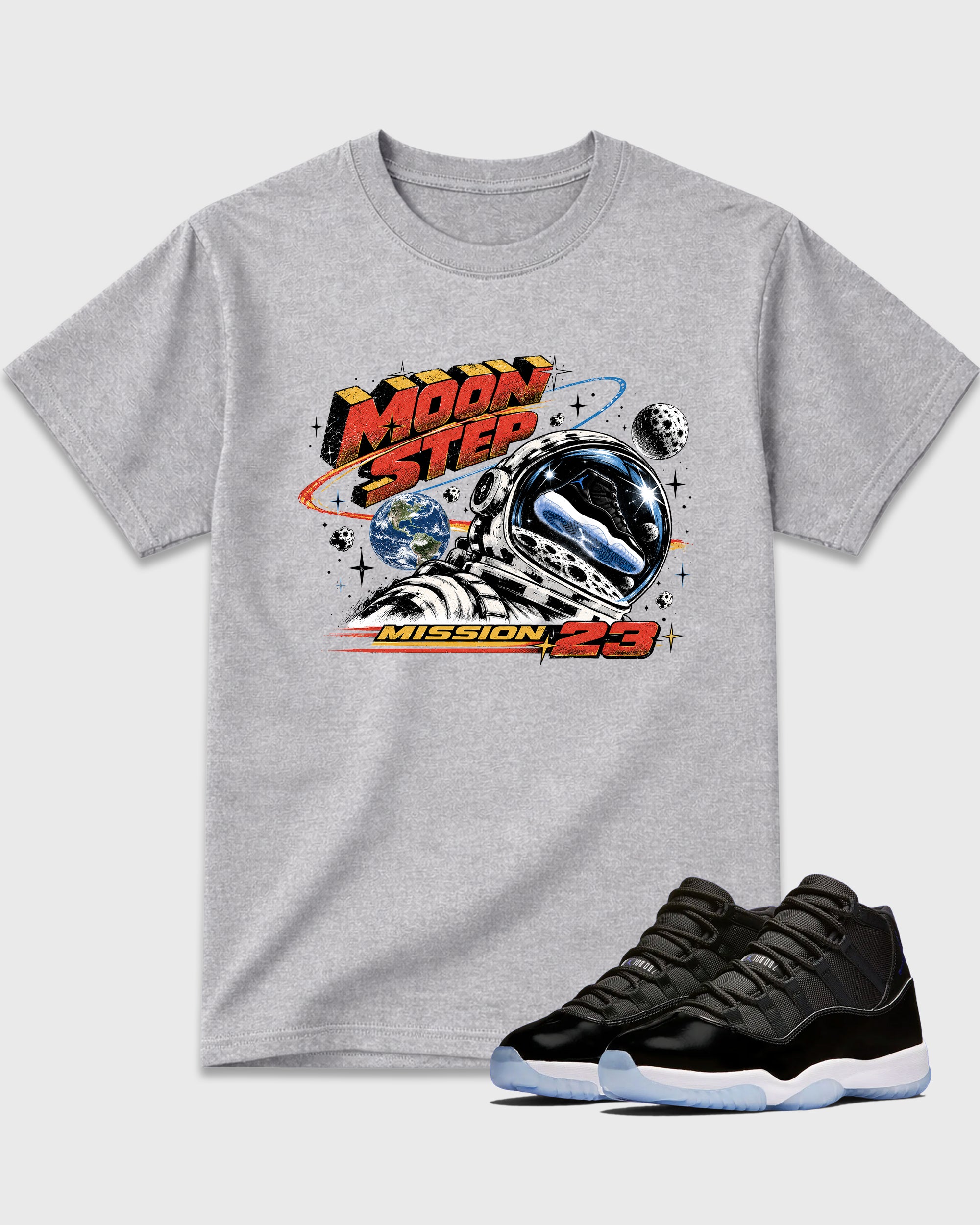 Moon Step Graphic T-Shirt featuring original streetwear artwork designed to match the Air Jordan 11 Retro Space Jam. Heather Grey 1 Graphic T-Shirt.