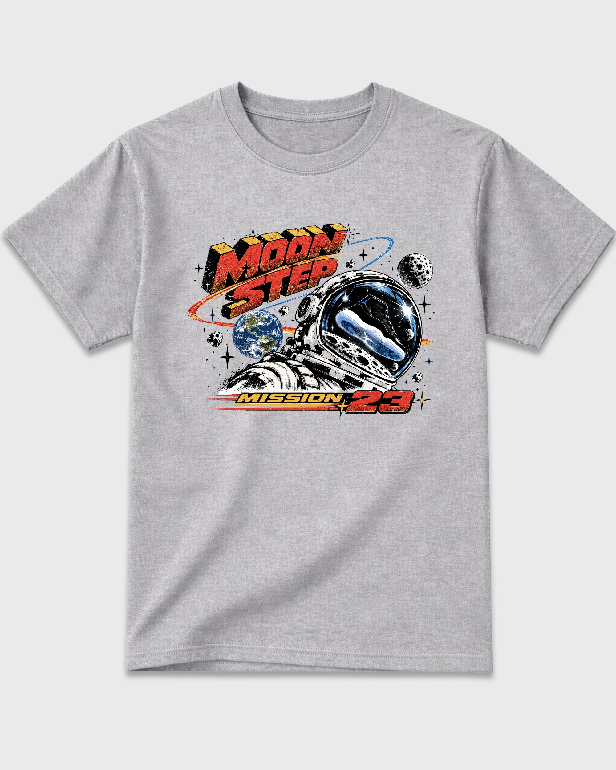 Moon Step Graphic T-Shirt featuring original streetwear artwork designed to match the Air Jordan 11 Retro Space Jam. Heather Grey 2 Graphic T-Shirt.
