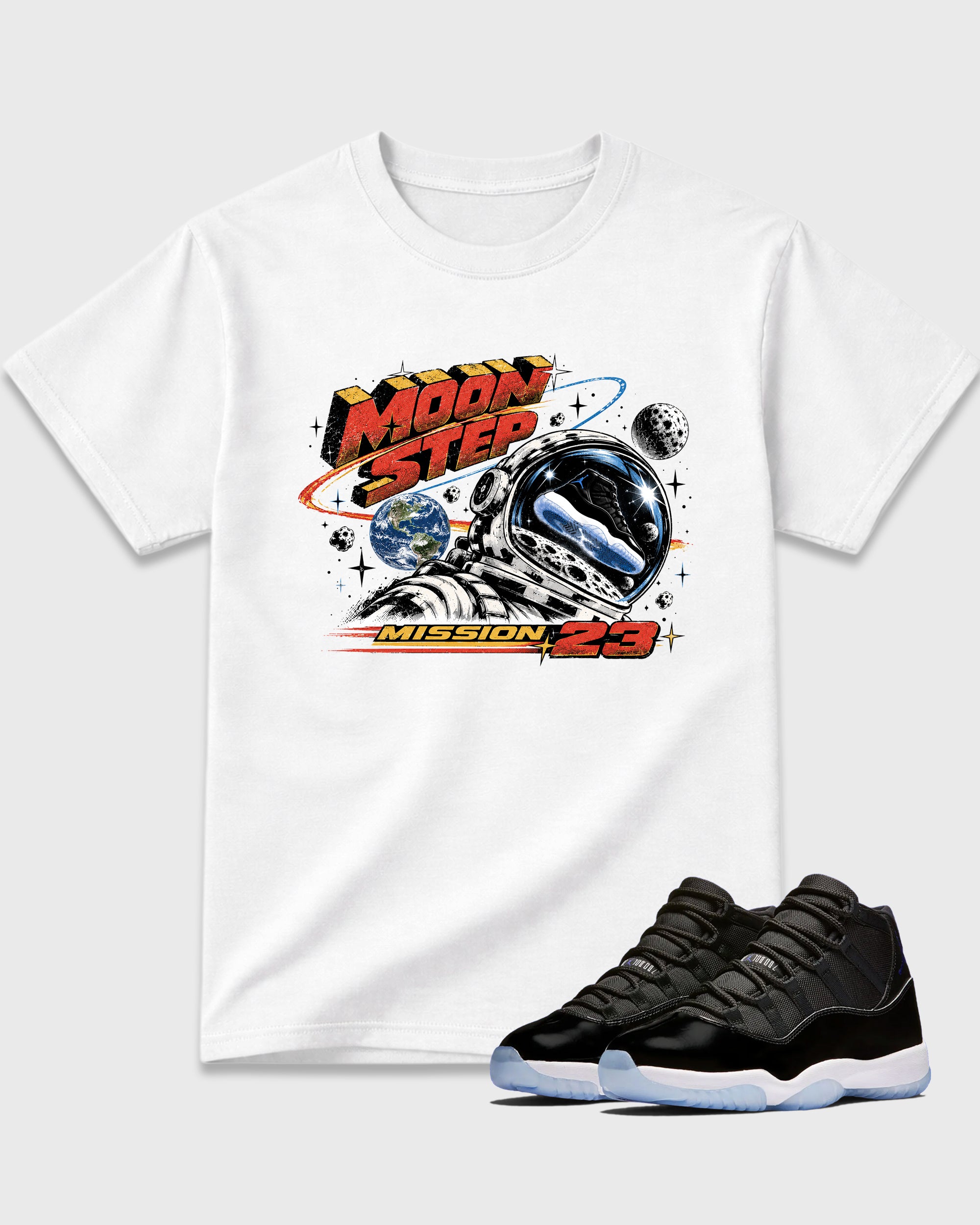 Moon Step Graphic T-Shirt featuring original streetwear artwork designed to match the Air Jordan 11 Retro Space Jam. White 1 Graphic T-Shirt.