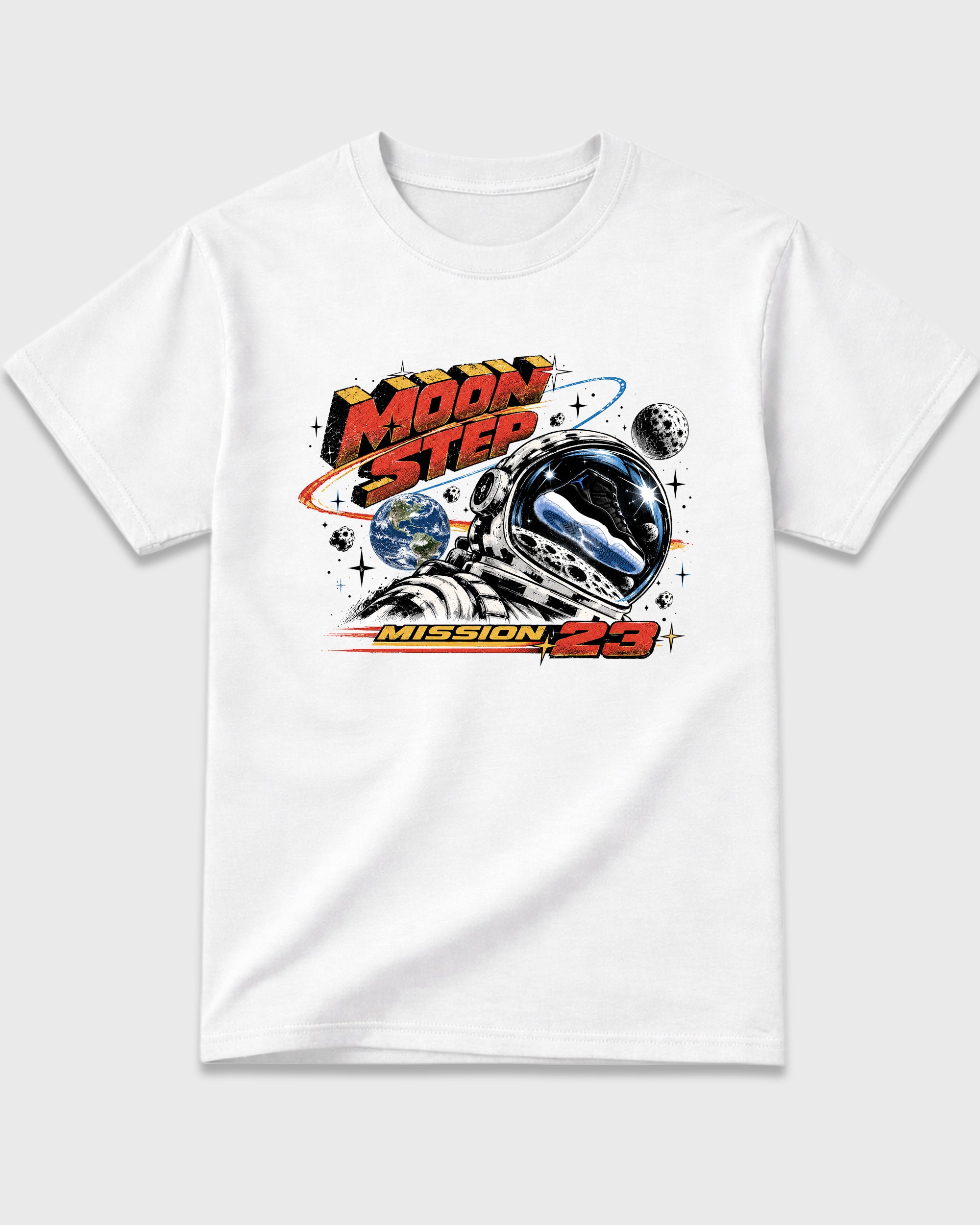 Moon Step Graphic T-Shirt featuring original streetwear artwork designed to match the Air Jordan 11 Retro Space Jam. White 2 Graphic T-Shirt.