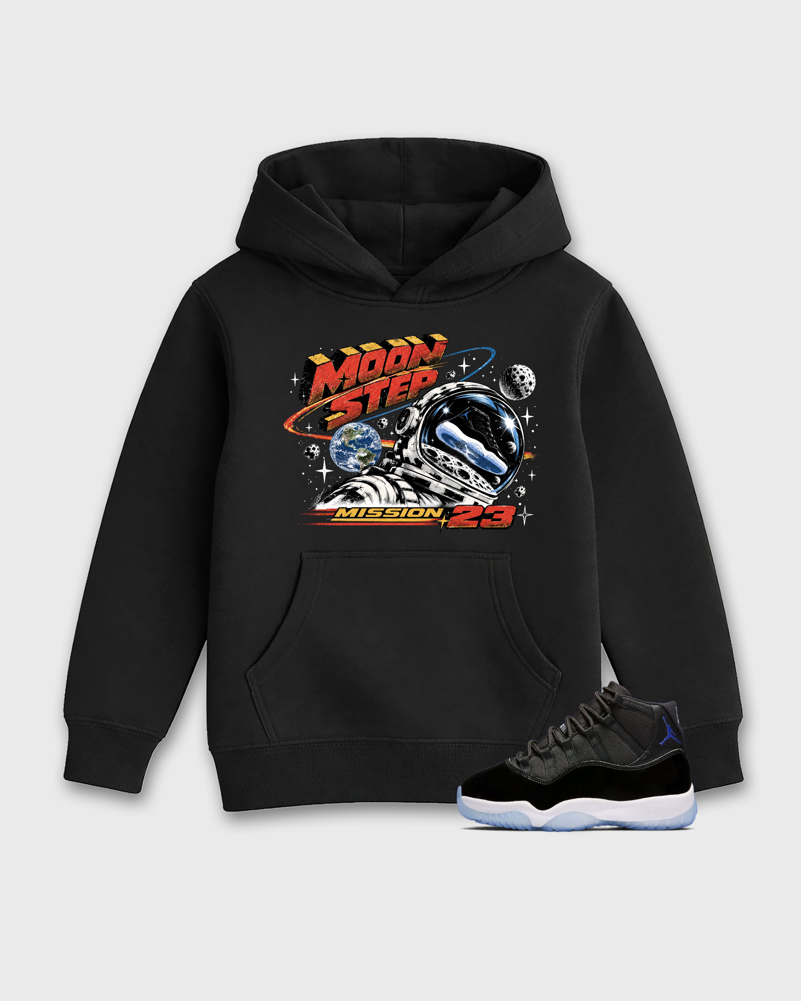 Moon Step Baby & Kids Graphic Hoodie featuring original artwork designed to match the Air Jordan 11 Retro Space Jam. Black 1 Kids Graphic Sweater.