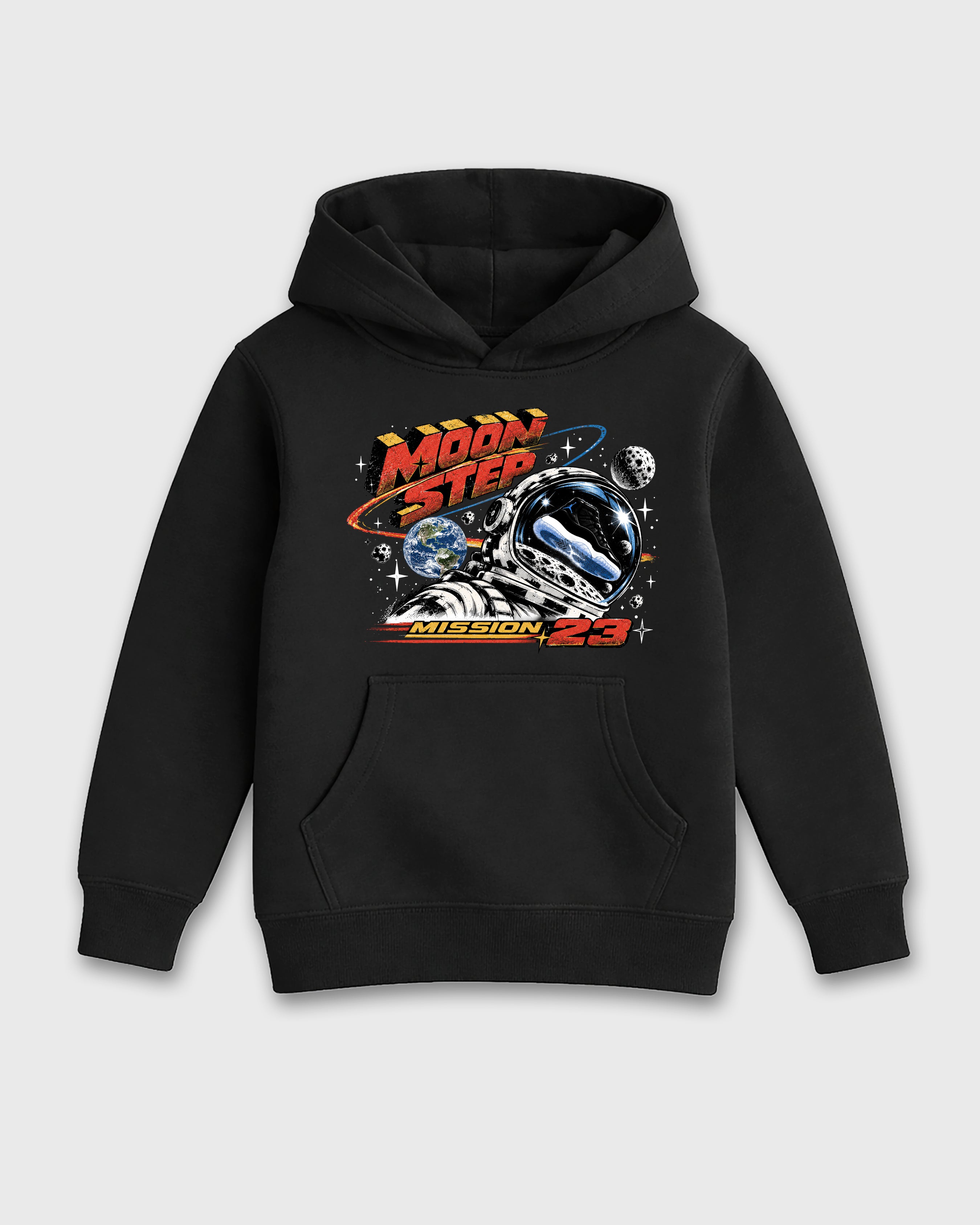 Moon Step Baby & Kids Graphic Hoodie featuring original artwork designed to match the Air Jordan 11 Retro Space Jam. Black 2 Kids Graphic Sweater.
