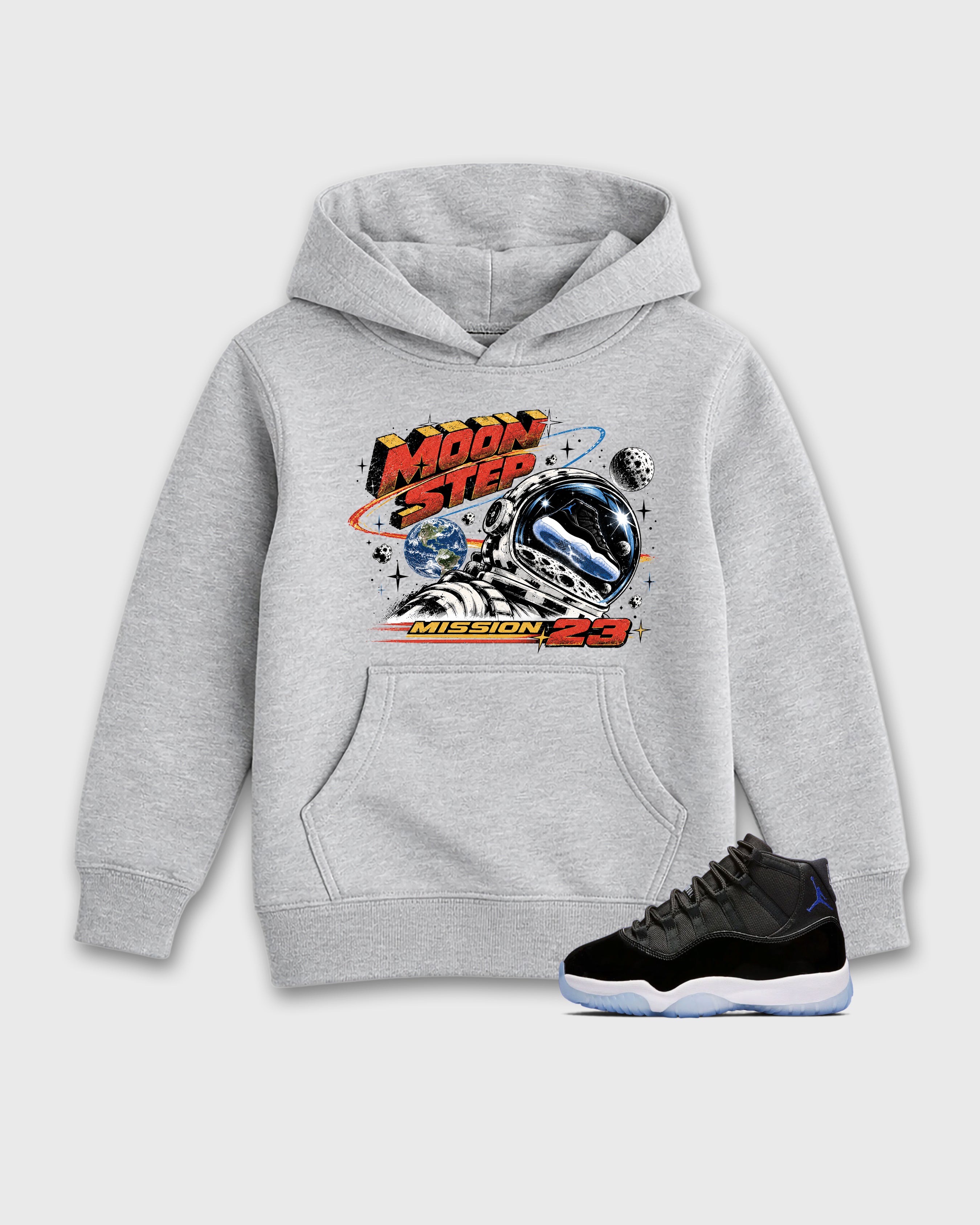 Moon Step Baby & Kids Graphic Hoodie featuring original artwork designed to match the Air Jordan 11 Retro Space Jam. Heather Grey 1 Kids Graphic Sweater.