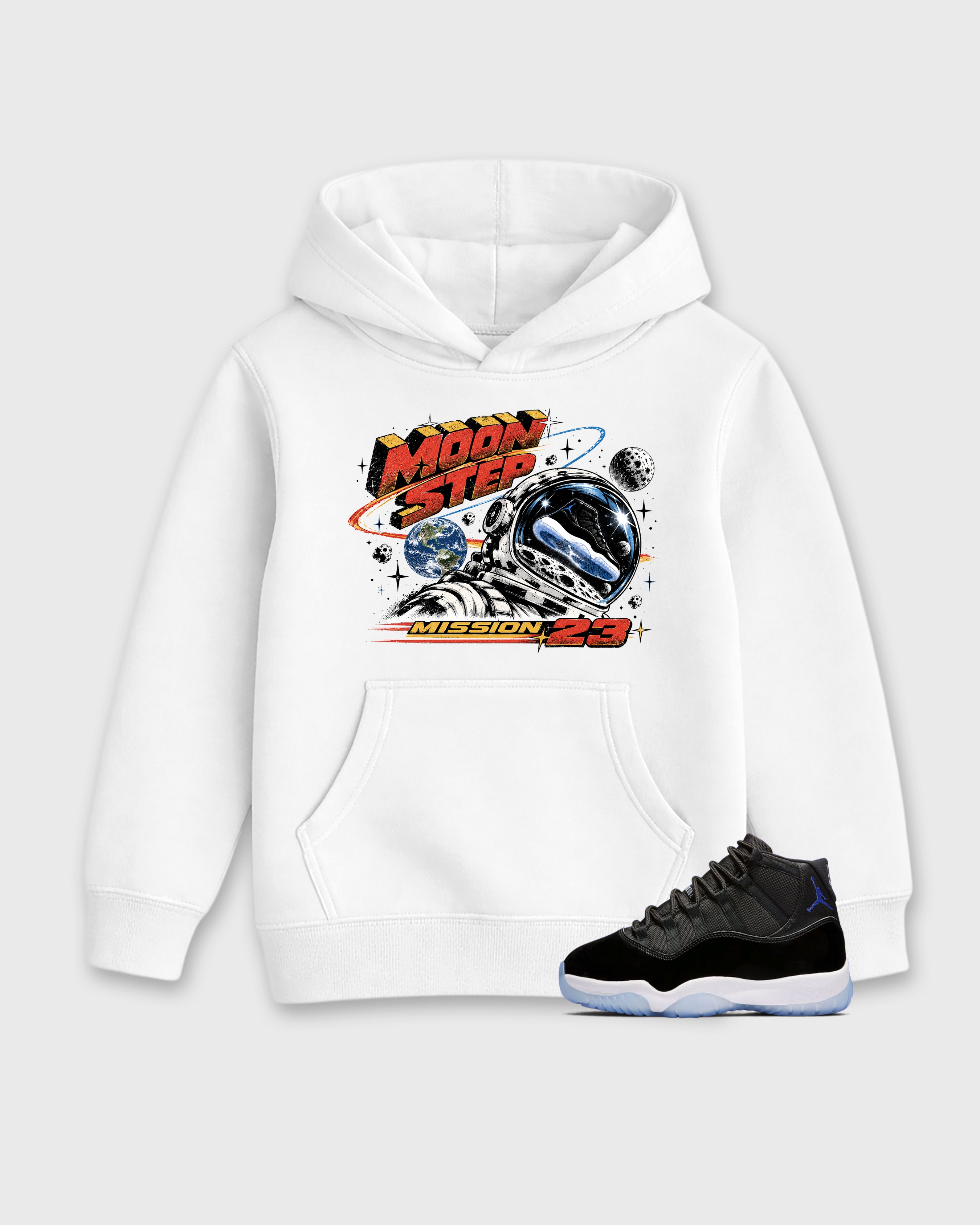 Moon Step Baby & Kids Graphic Hoodie featuring original artwork designed to match the Air Jordan 11 Retro Space Jam. White 1 Kids Graphic Sweater.