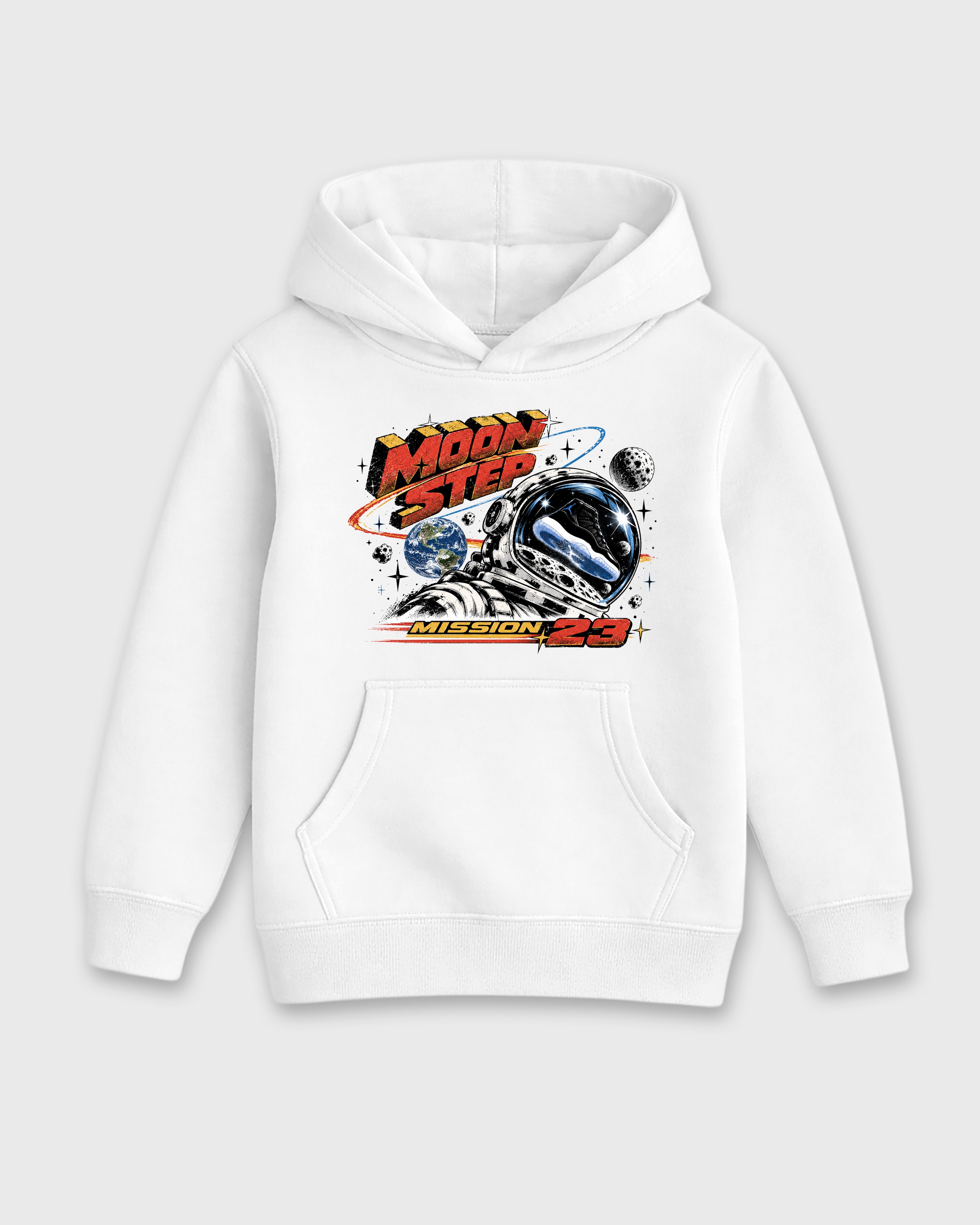 Moon Step Baby & Kids Graphic Hoodie featuring original artwork designed to match the Air Jordan 11 Retro Space Jam. White 2 Kids Graphic Sweater.