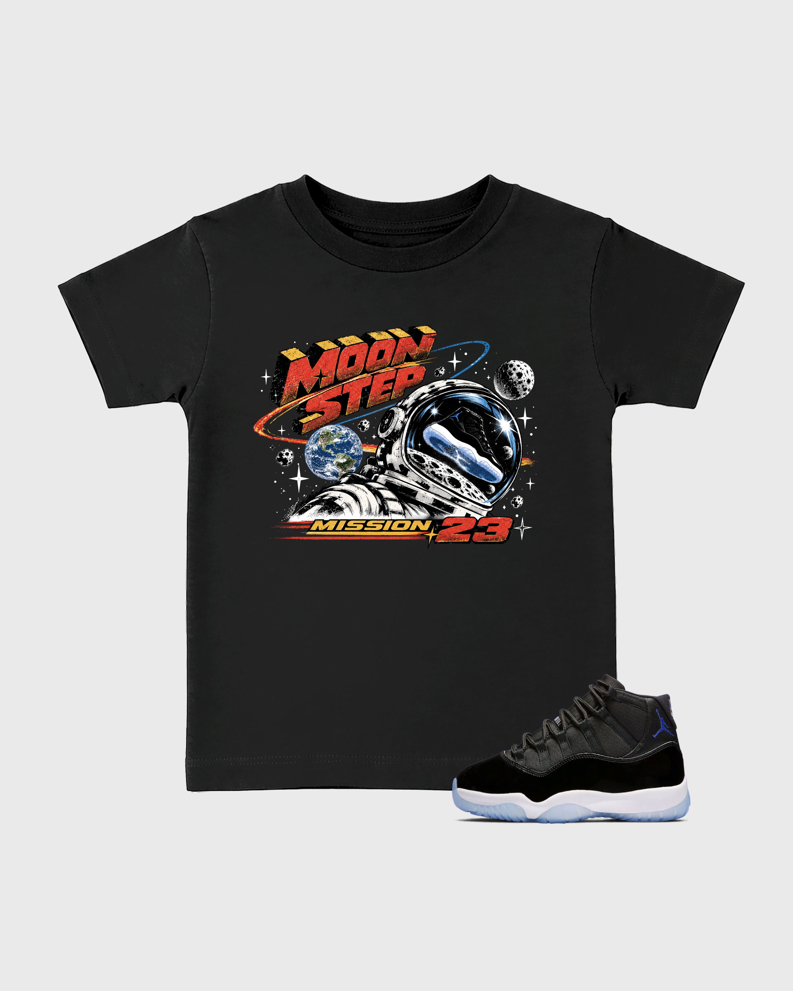 Moon Step Baby & Kids Graphic T-Shirt featuring original artwork designed to match the Air Jordan 11 Retro Space Jam. Black 1 Kids Graphic Tee.