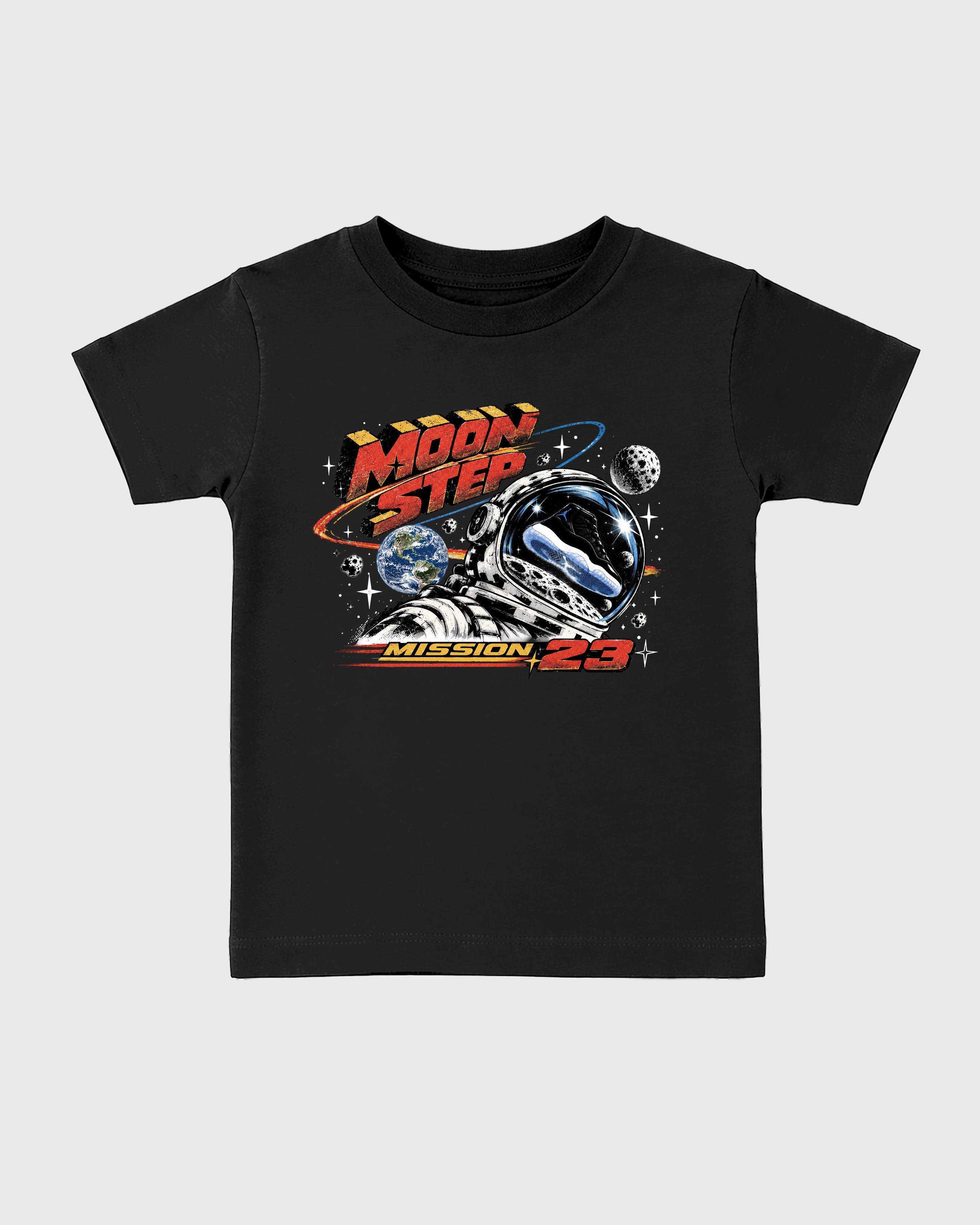 Moon Step Baby & Kids Graphic T-Shirt featuring original artwork designed to match the Air Jordan 11 Retro Space Jam. Black 2 Kids Graphic Tee.