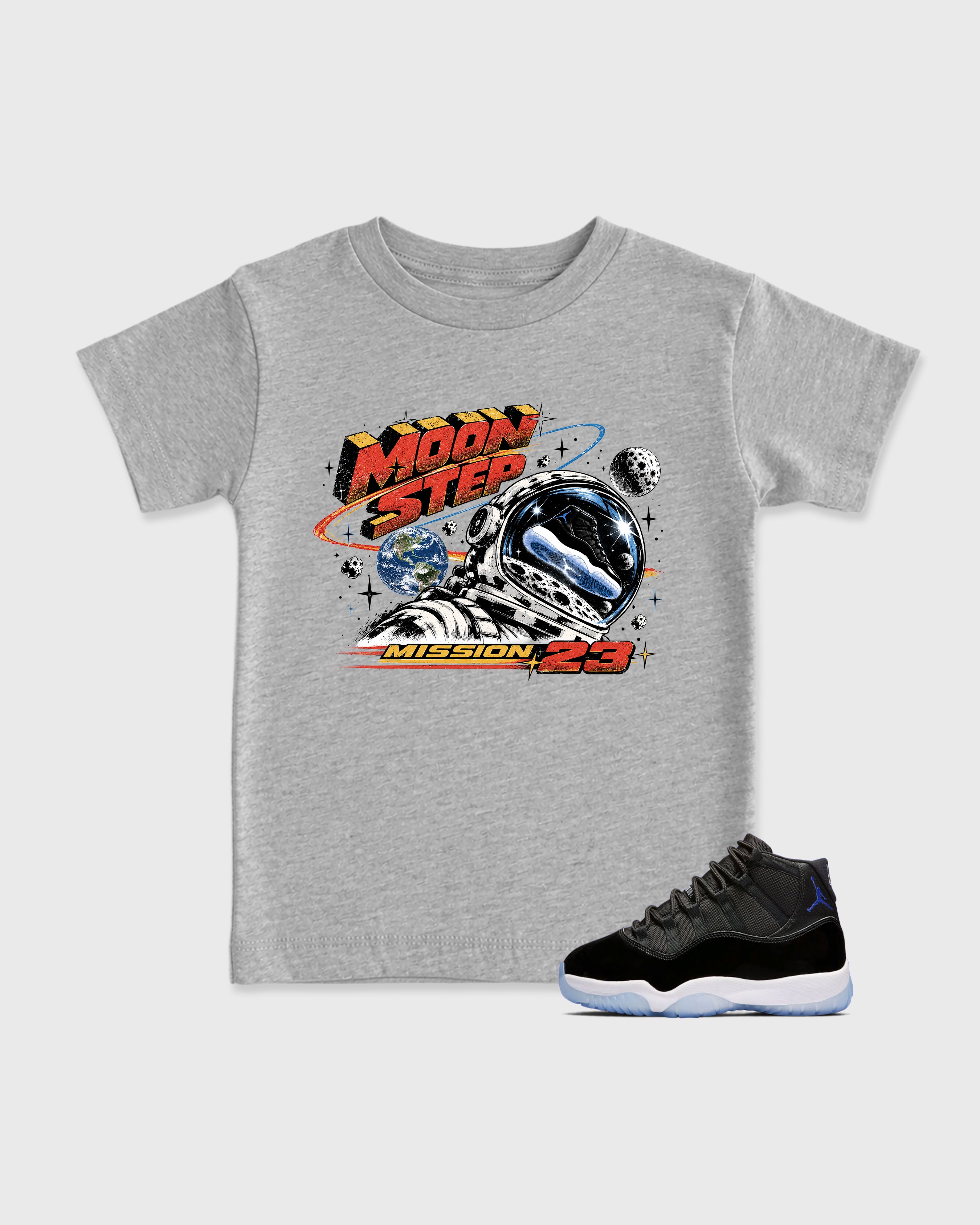 Moon Step Baby & Kids Graphic T-Shirt featuring original artwork designed to match the Air Jordan 11 Retro Space Jam. Heather Grey 1 Kids Graphic Tee.